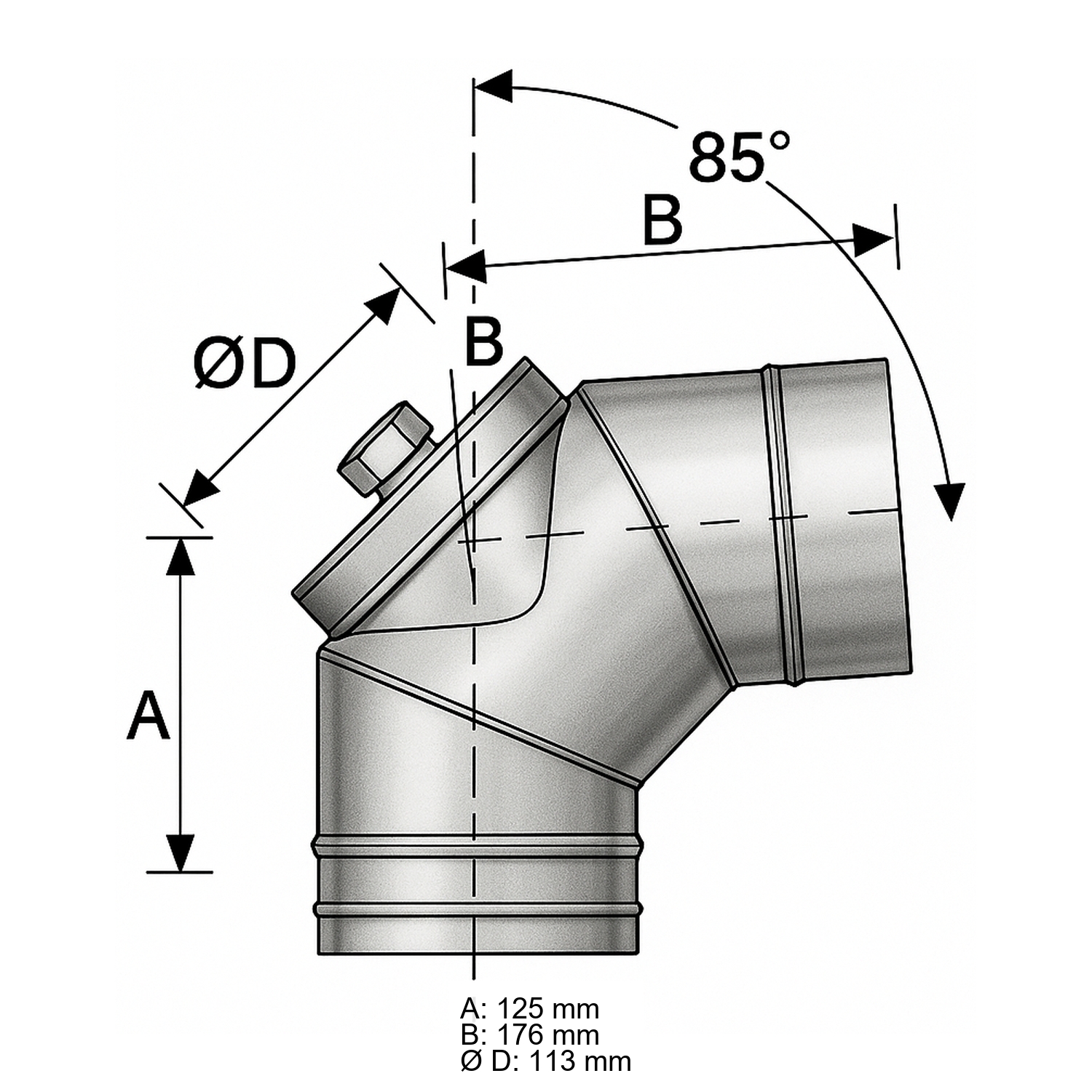 Schiedel PRIMA PLUS Bogen 85° Ø113 mm mit Revisionsverschluss für Öl/Gas einwandig matt