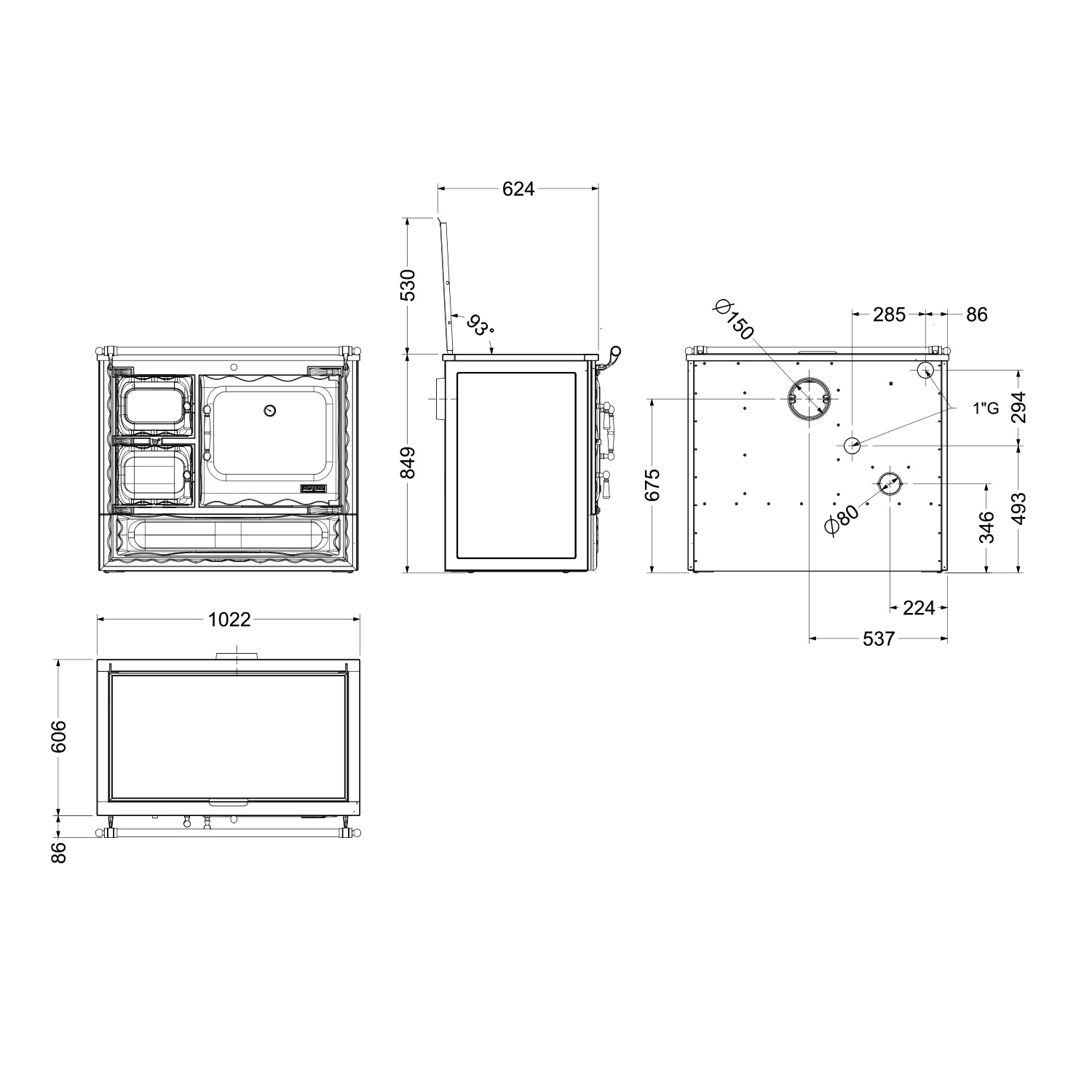 Hergom Deva 100 SE Küchenofen Gusseisen schwarz, Herdplatte Glaskeramik, RR hinten