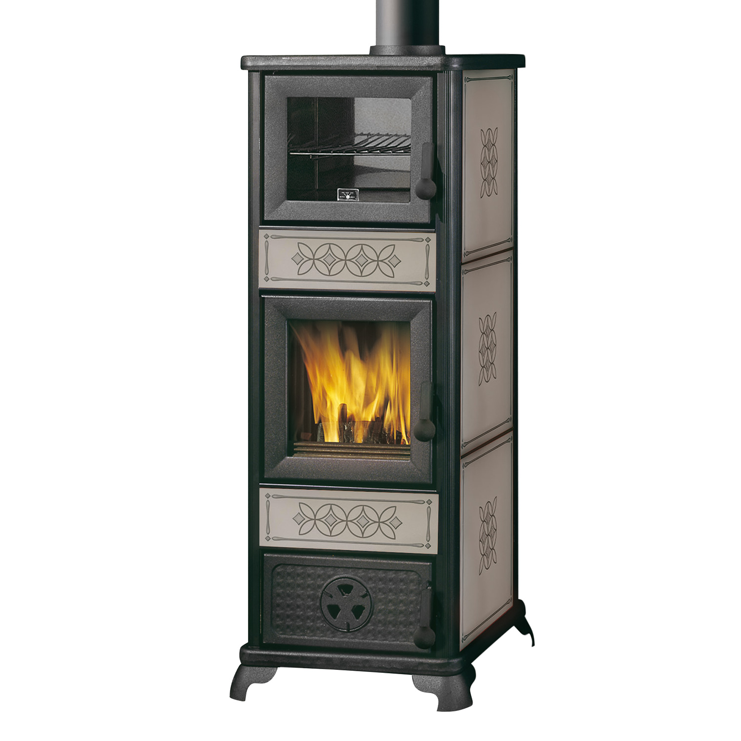 EK63 Decor C Kaminofen Keramik taubengrau Rauchrohr oben