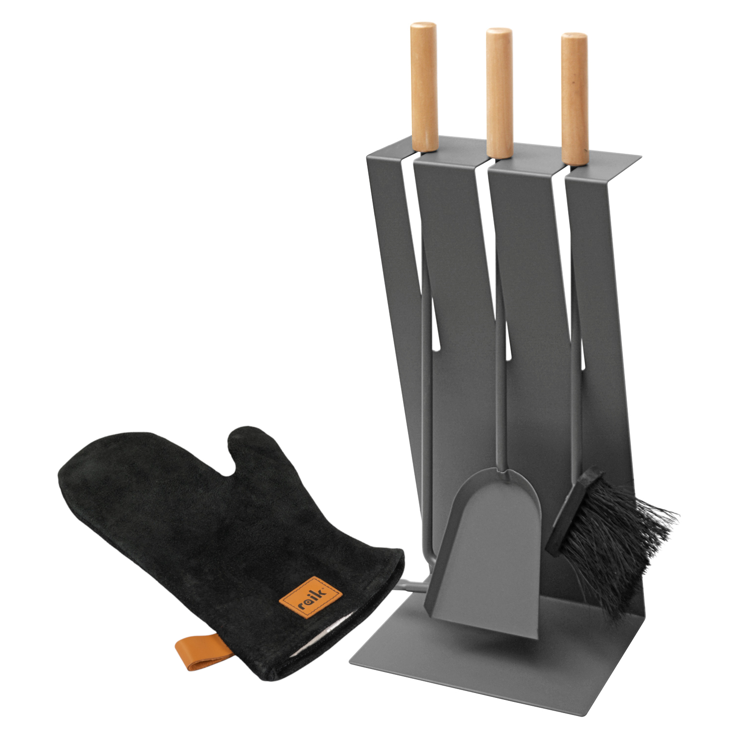 Raik Kaminbesteck Gustav 3-teilig mit Raik Kaminhandschuh, Anthrazit, Holzgriffe , 60cm