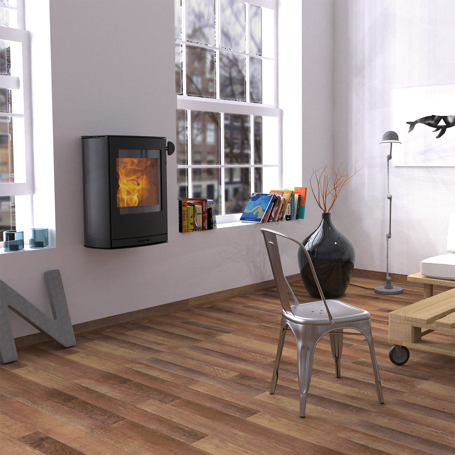 Lotus Jubilee Wall Kaminofen Stahl Schwarz, wandhängend, Rauchabgang hinten + 1 m³ Kaminholz gratis