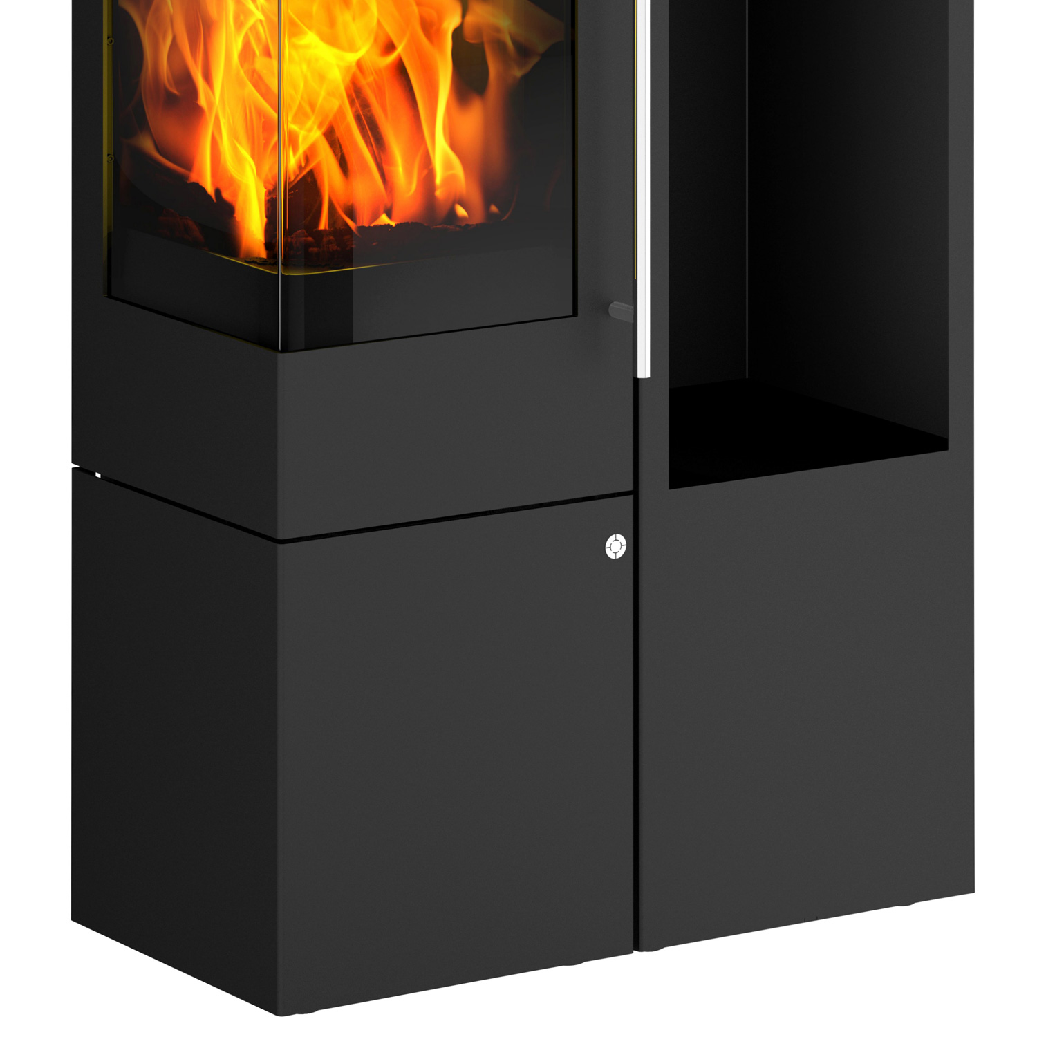 Olsberg Ipala Smart Compact Kaminofen Türanschlag links mit Holzregal und PowerBloc!-Aufsatz inkl. PowerBloc!