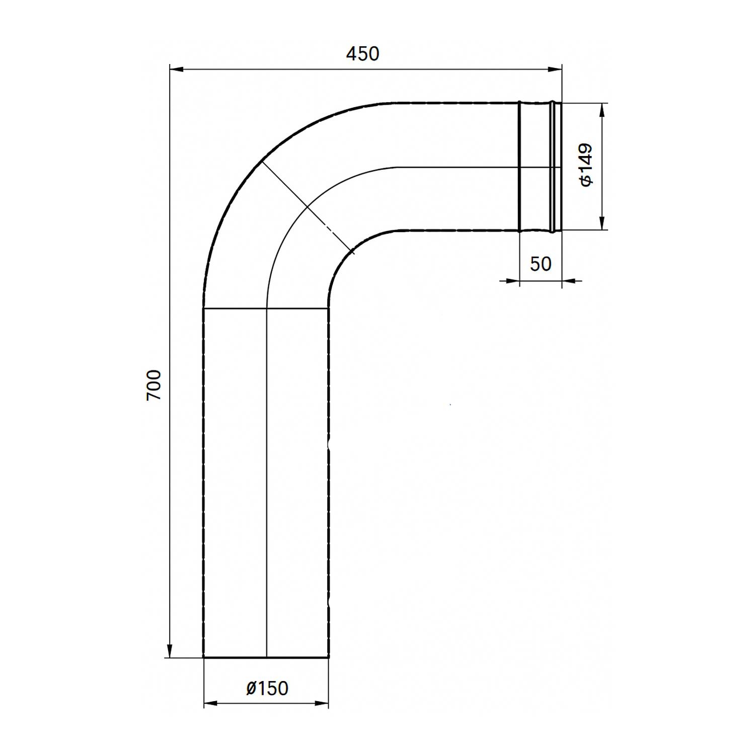 Raik Lifestyle Winkelbogen Durchmesser 150/90° 2,00mm glatt 700/450 grau für Rauchrohr/ Ofenrohr