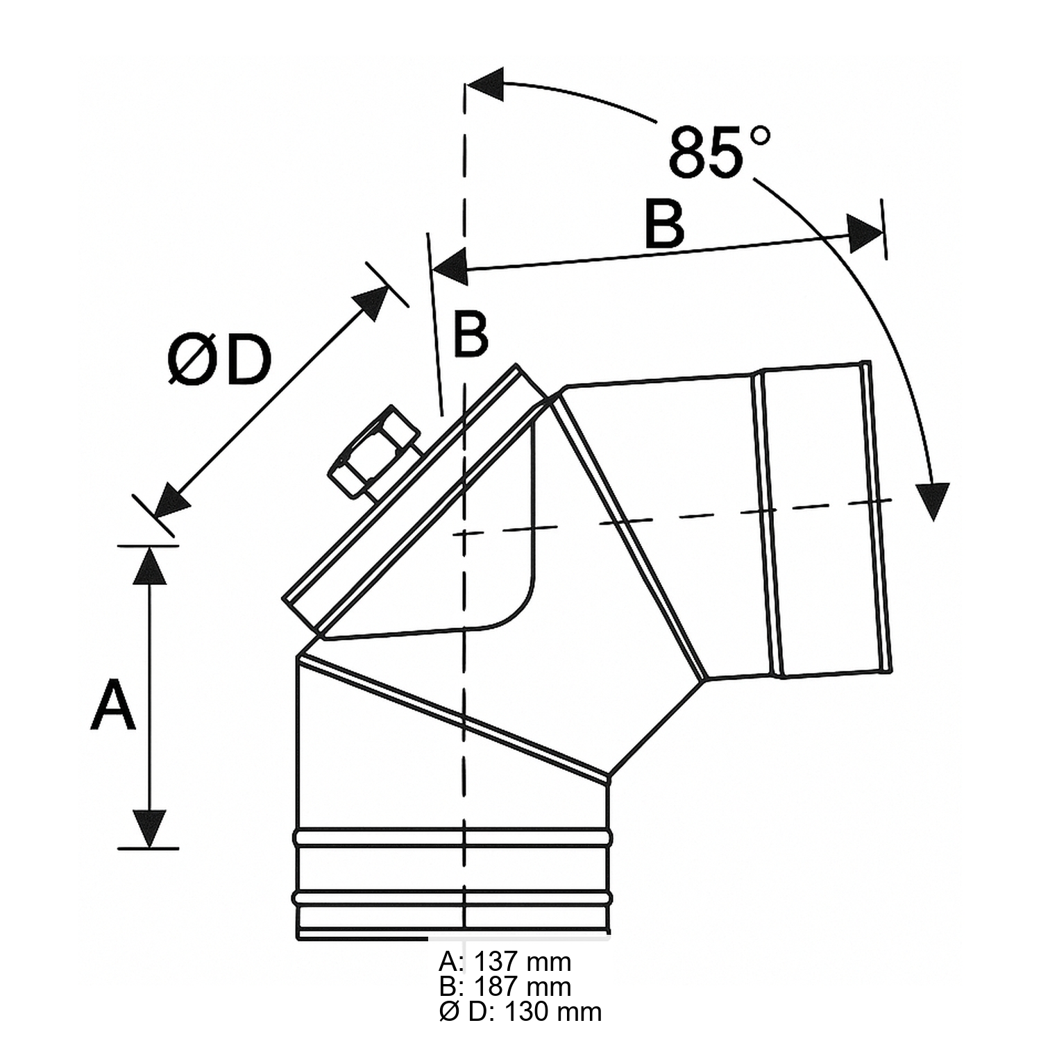 Schiedel PRIMA PLUS Bogen 85° Ø130 mm mit Revisionsverschluss für Öl/Gas einwandig matt
