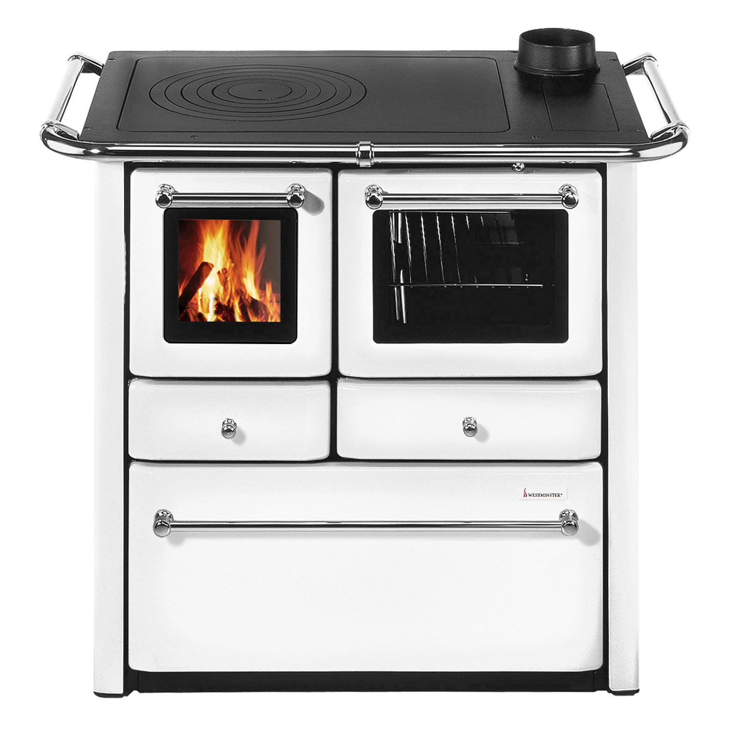 Westminster K 85 F Küchenofen Stahl Weiß, Backfach rechts Westminster K 85 F Küchenofen Stahl Weiß, Backfach rechts