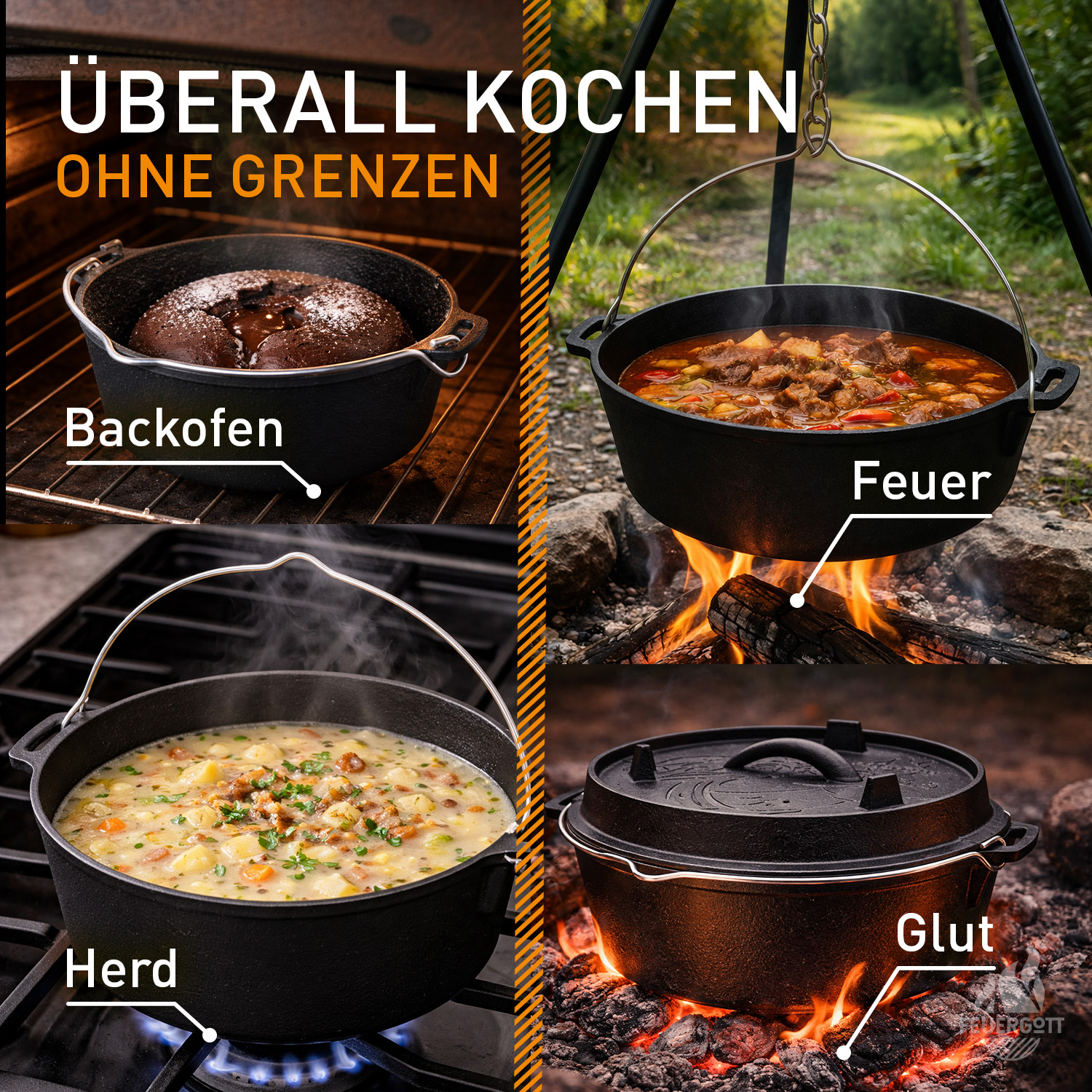 FEUERGOTT Dutch Oven 6,5 l mit Füßen im Set mit Tasche, Deckelheber und Ringreiniger