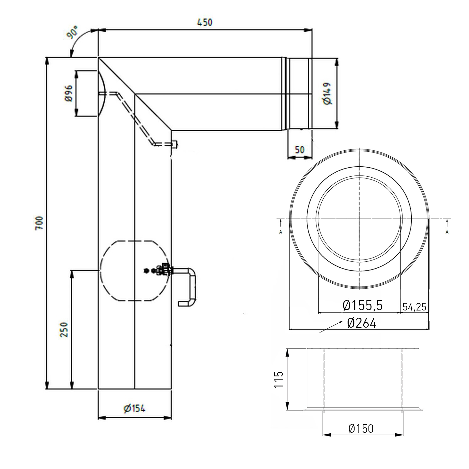 Raik WBG Set Lifestyle Durchmesser 150/90° 2,00mm 2-tlg 700/450 mit eingelegter Tür, mit DKL mit Dichtung grau für Rauchrohr/ Ofenrohr