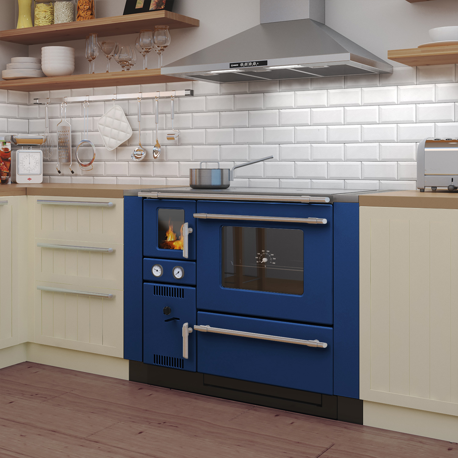 Wamsler K 148 F Küchenofen wasserführend Blau/Matt, Rauchrohr rechts Wamsler K 148 F Küchenofen wasserführend Blau/Matt, Rauchrohr rechts