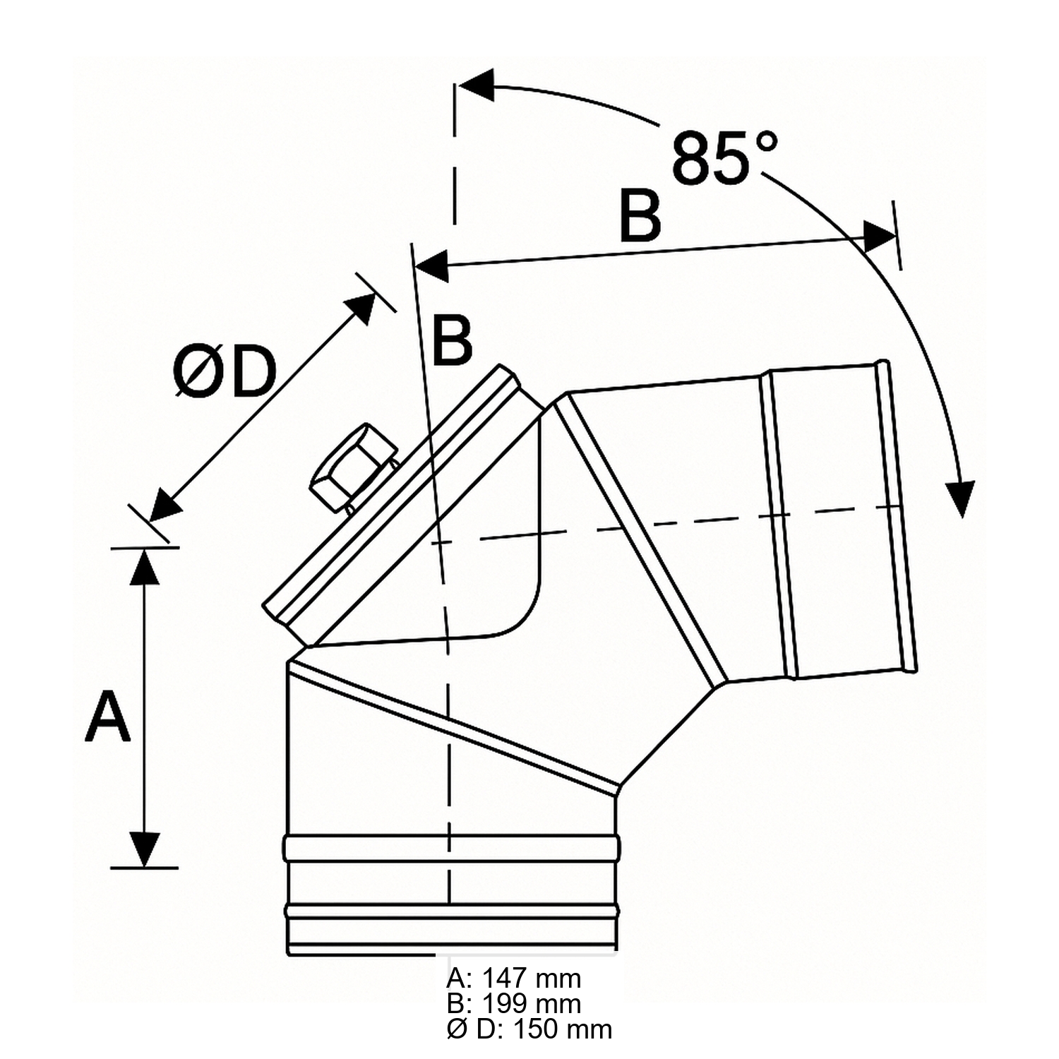 Schiedel PRIMA PLUS Bogen 85° Ø150 mm mit Revisionsverschluss für Öl/Gas einwandig matt