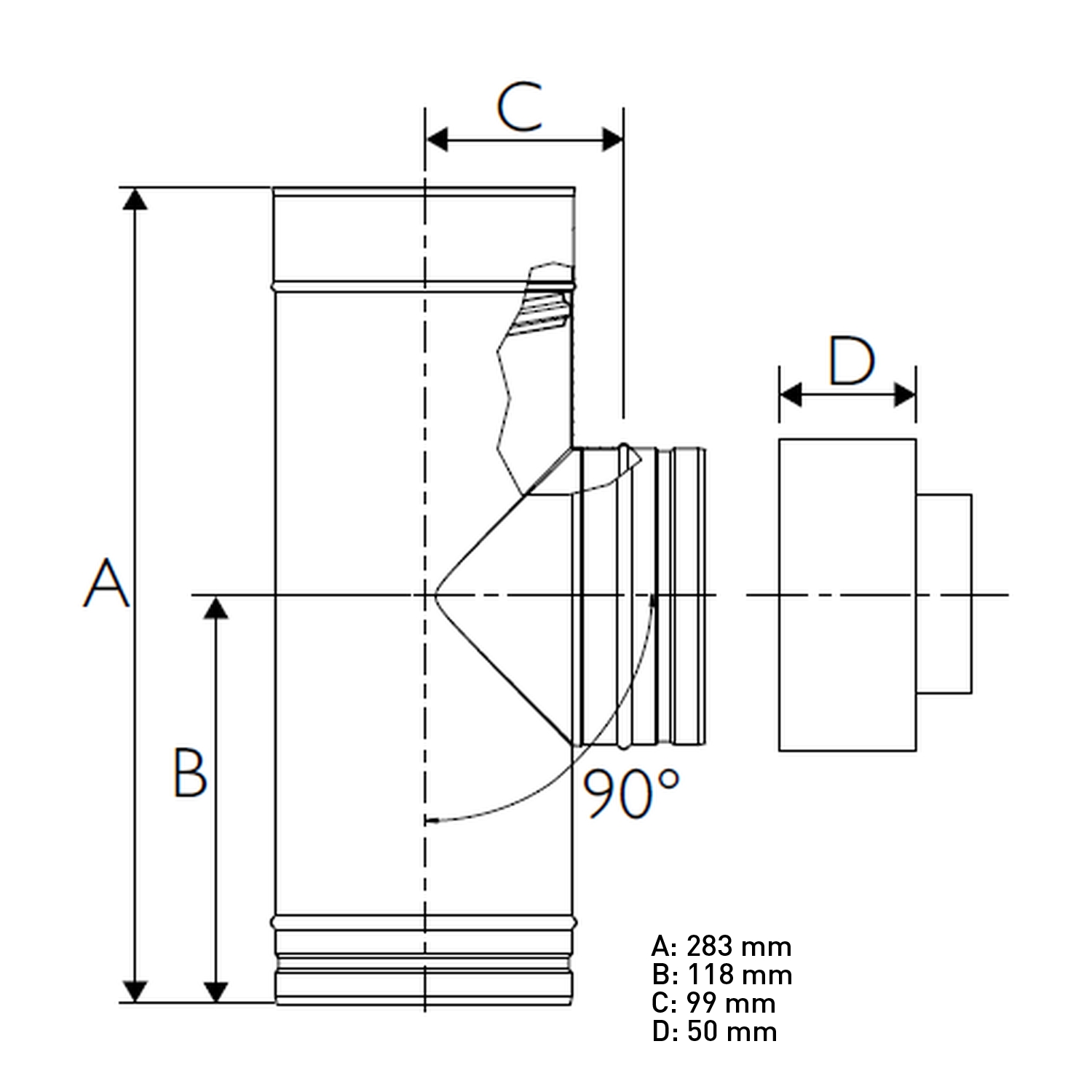 Schiedel PRIMA PLUS Inspektions T-Stück 90° H1 Ø130 mm einwandig matt