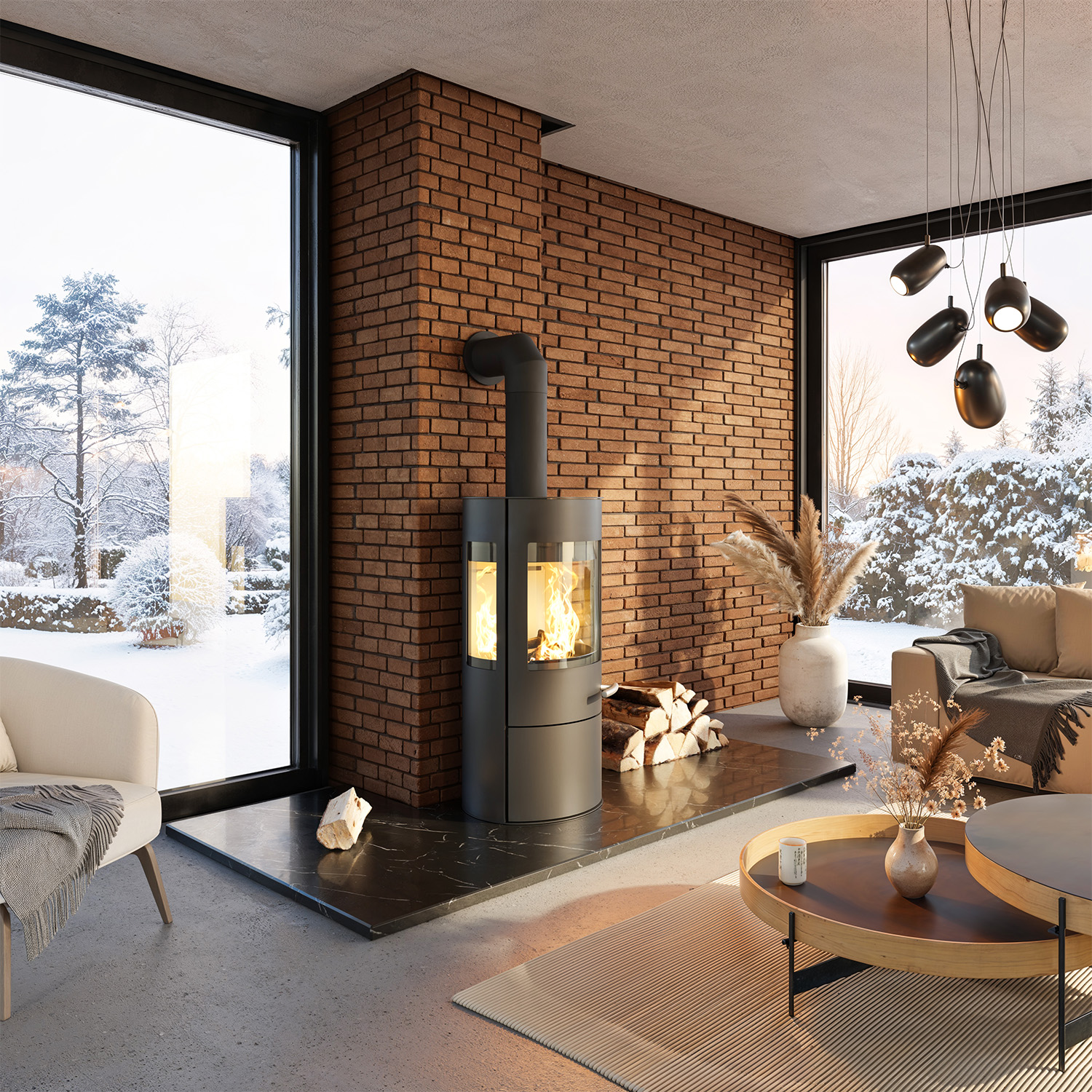 Haas+Sohn VITUS.l Stahl Kaminofen 3-Sichtscheiben mit Kochplatte mit Holzfach und Türe tief-schwarz