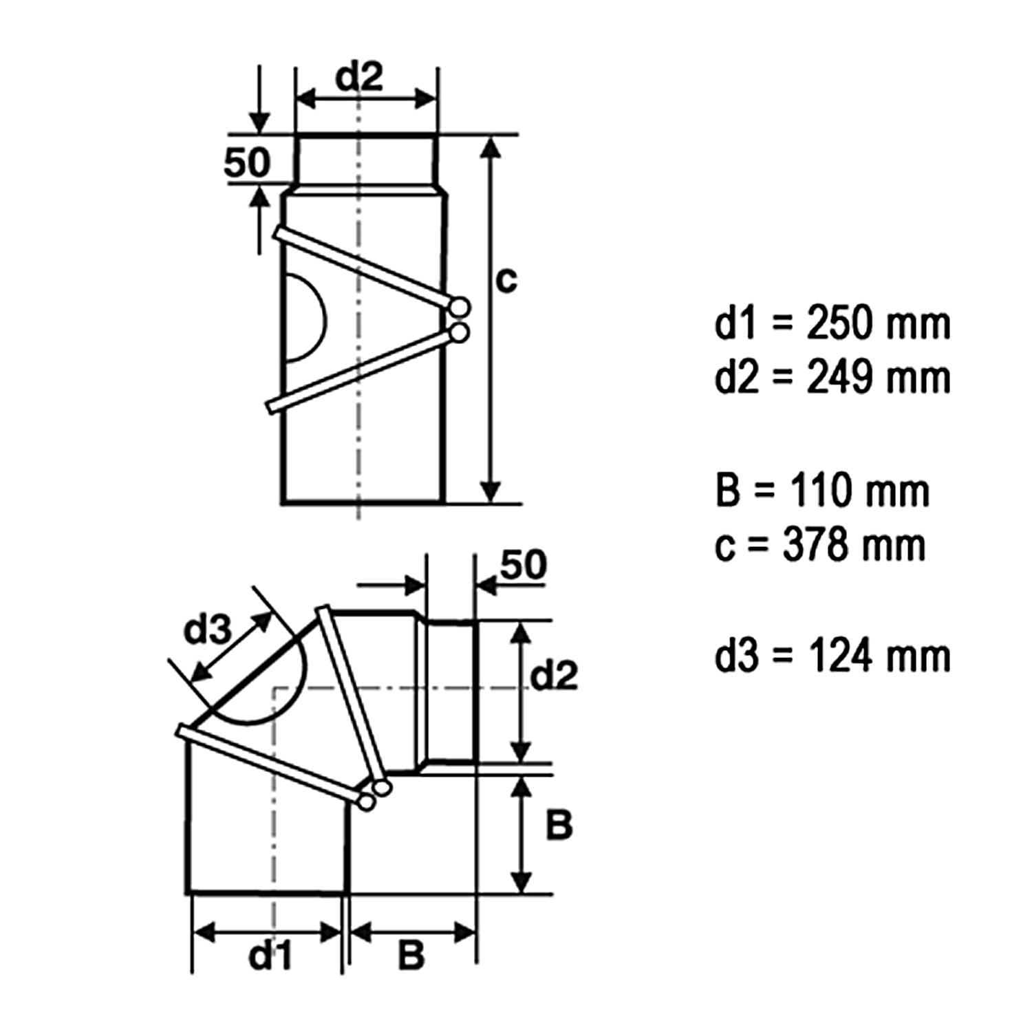 Raik Basic Rauchrohrbogen / Ofenrohr 250mm - 0° - 90° mit Reinigungsöffnung schwarz