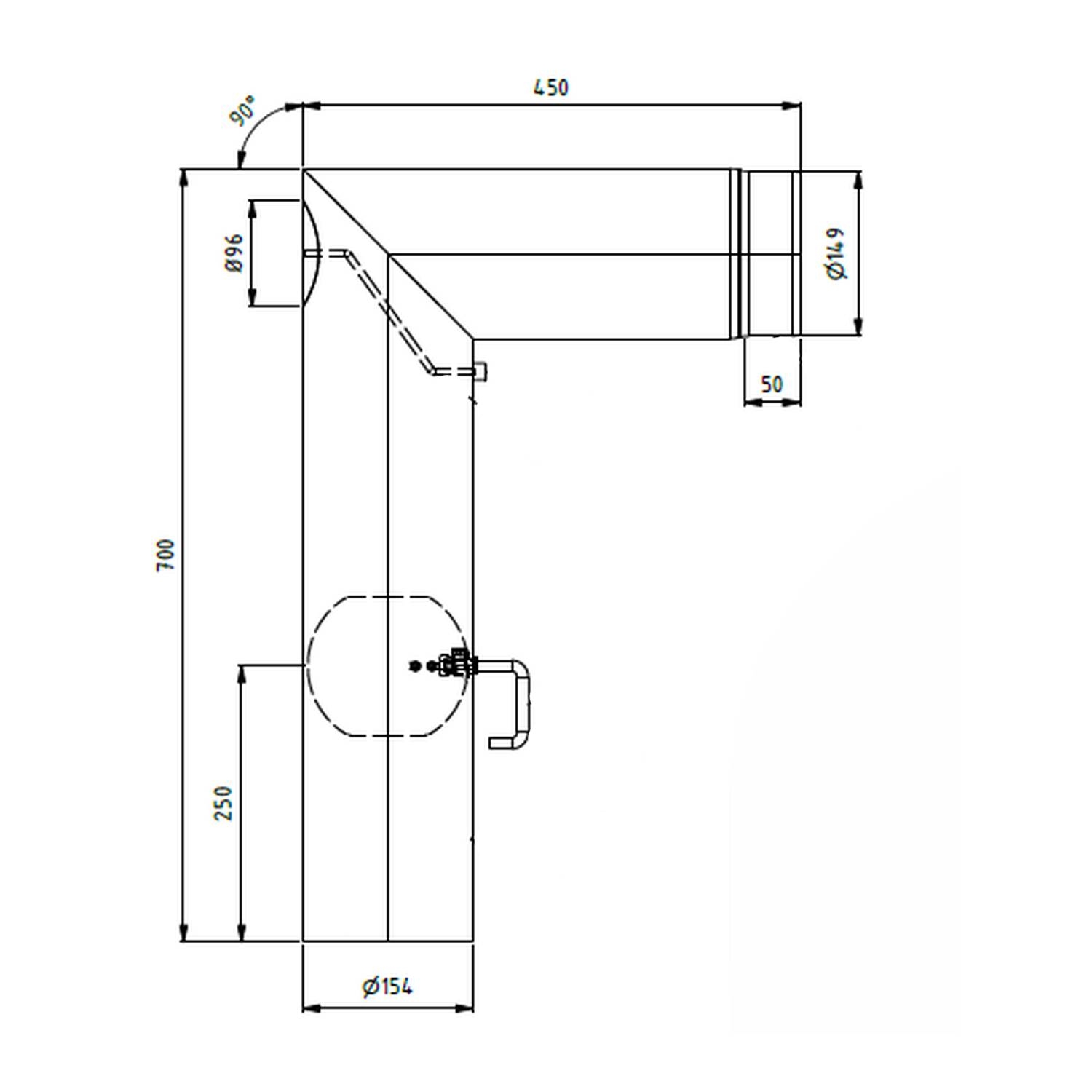 Raik Lifestyle Winkelbogen Durchmesser 150/90° 2,00mm 2-tlg 700/450 mit eingelegter Tür, mit DKL schwarz für Rauchrohr/ Ofenrohr