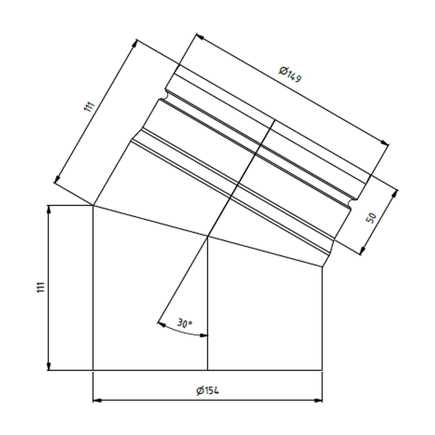 Raik Lifestyle Bogen Durchmesser 150/30° 2,00mm eingezogen 2-tlg mit Dichtung schwarz für Rauchrohr/ Ofenrohr