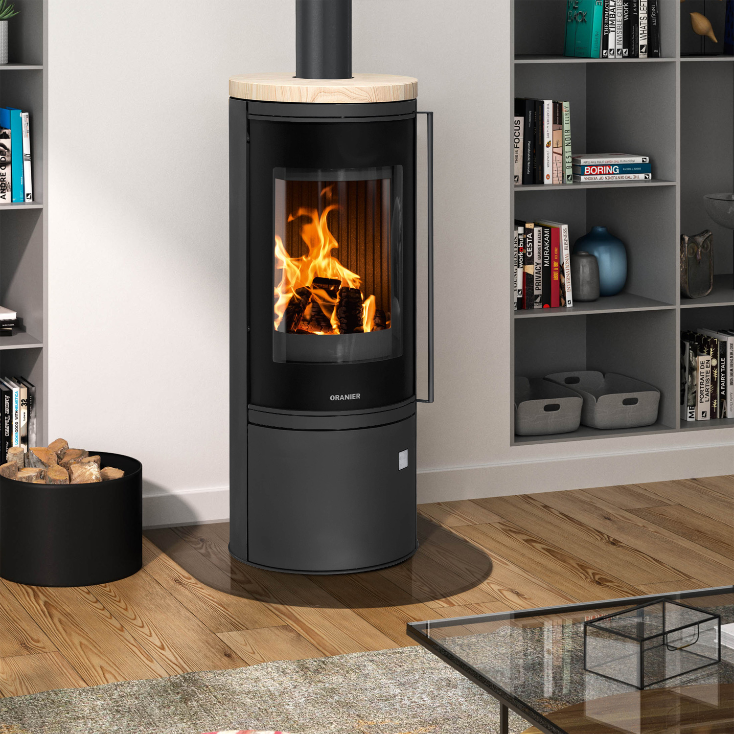 Oranier Arena 2.0 Kaminofen Stahl Schwarz mit Abdeckplatte Sandstein