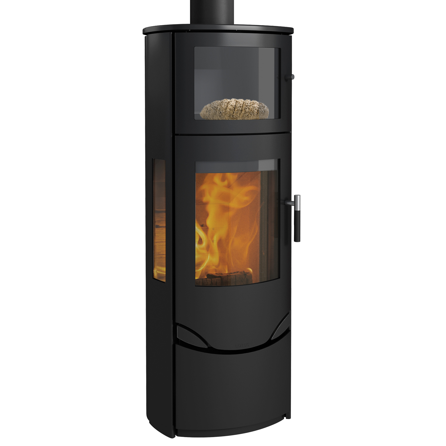 Lotus Prio 7 Kaminofen Stahl Schwarz mit Backfach / Seitenglas , RR hinten od. RR oben