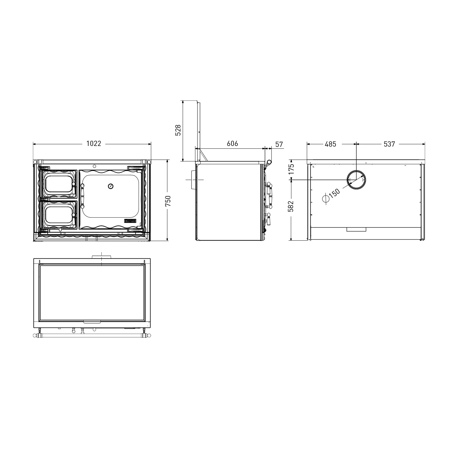 Hergom Deva 100 SE Isla Küchenofen Gusseisen schwarz, Herdplatte Glaskeramik, RR hinten