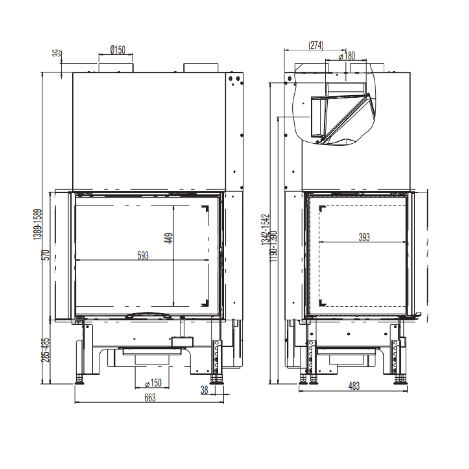 Austroflamm 69x49x57 S 2.0 Kamineinsatz Ecke links Feuerraum Schwarz