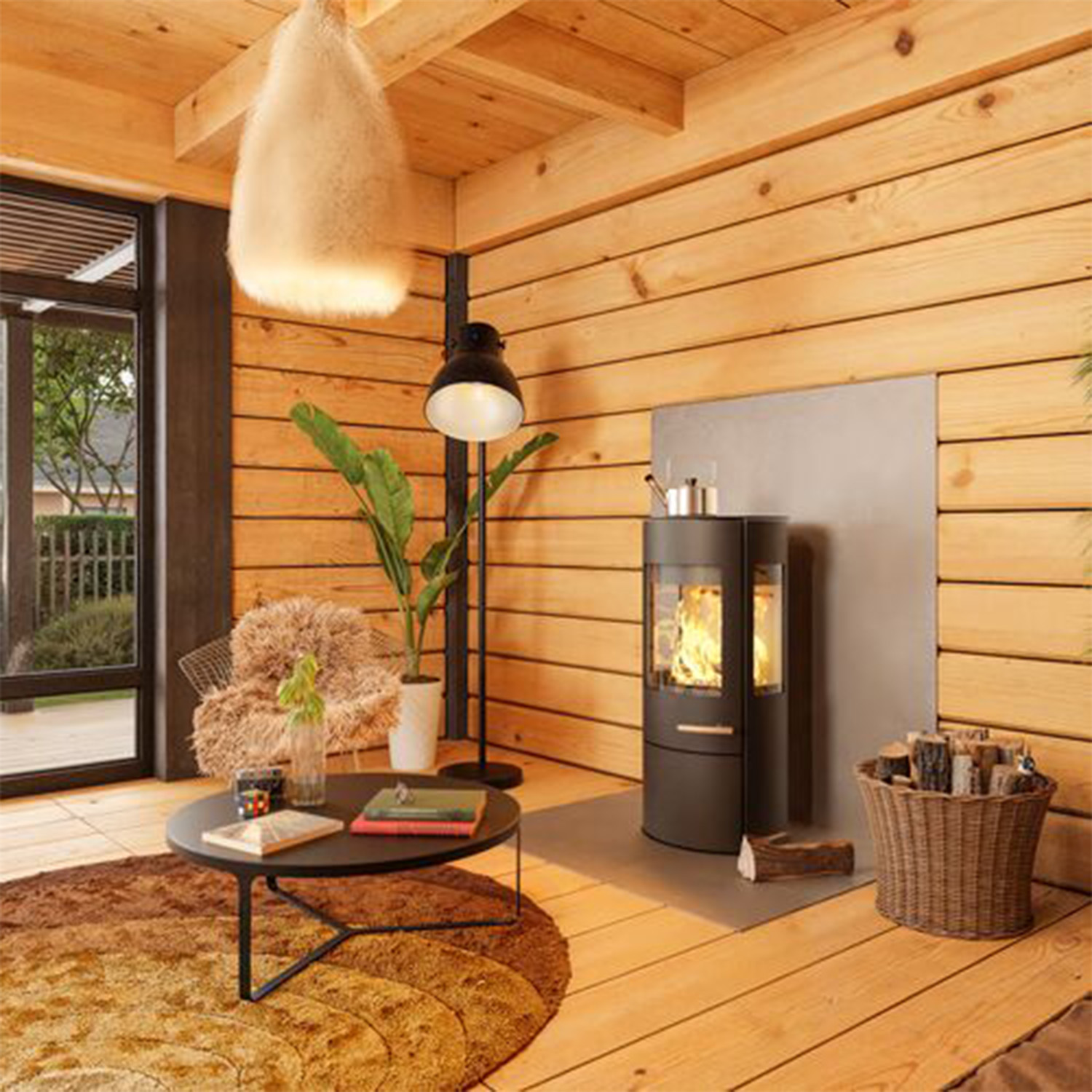 Haas+Sohn VITUS.l Stahl Kaminofen 3-Sichtscheiben mit Kochplatte mit Holzfach und Türe tief-schwarz