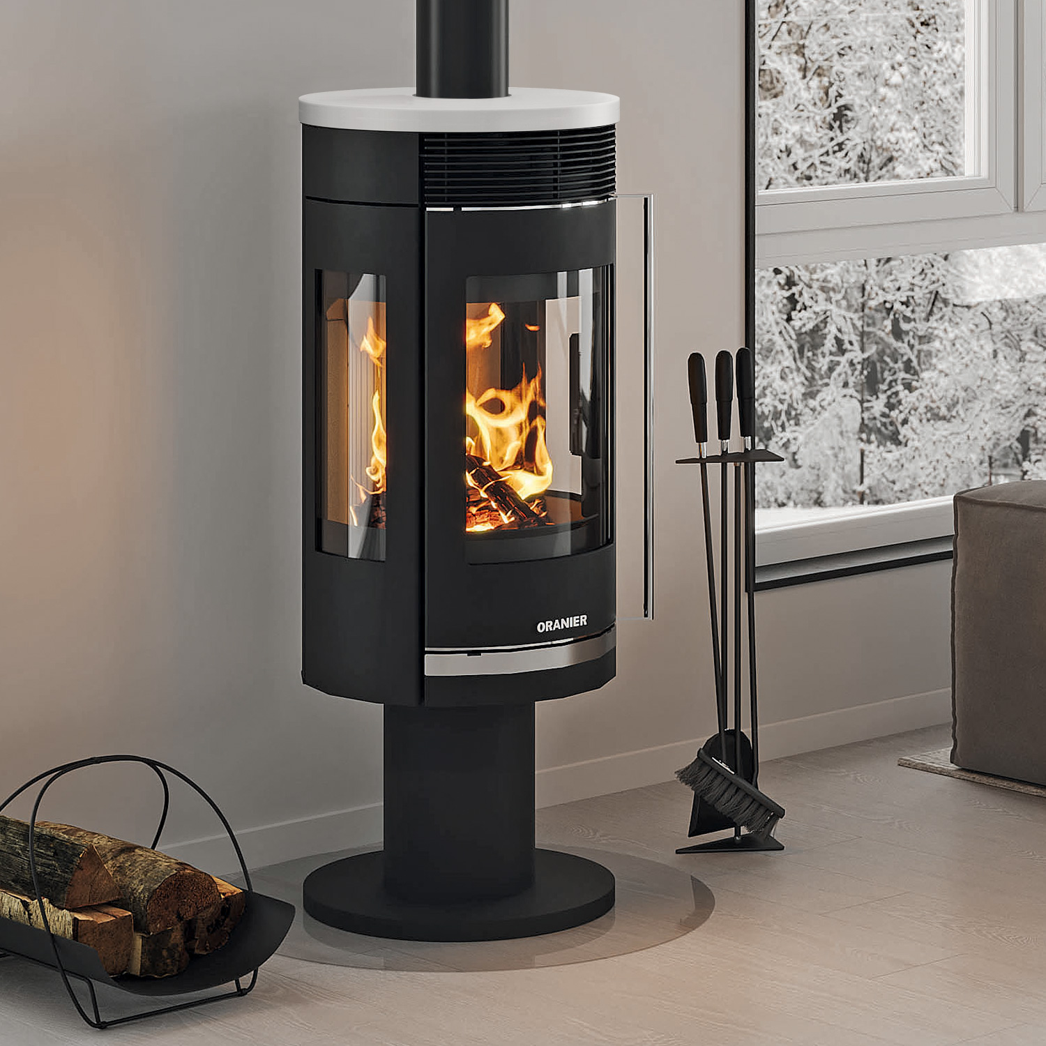 Oranier Rota Twist Kaminofen Stahl Schwarz / Topplatte Keramik Seidenweiß
