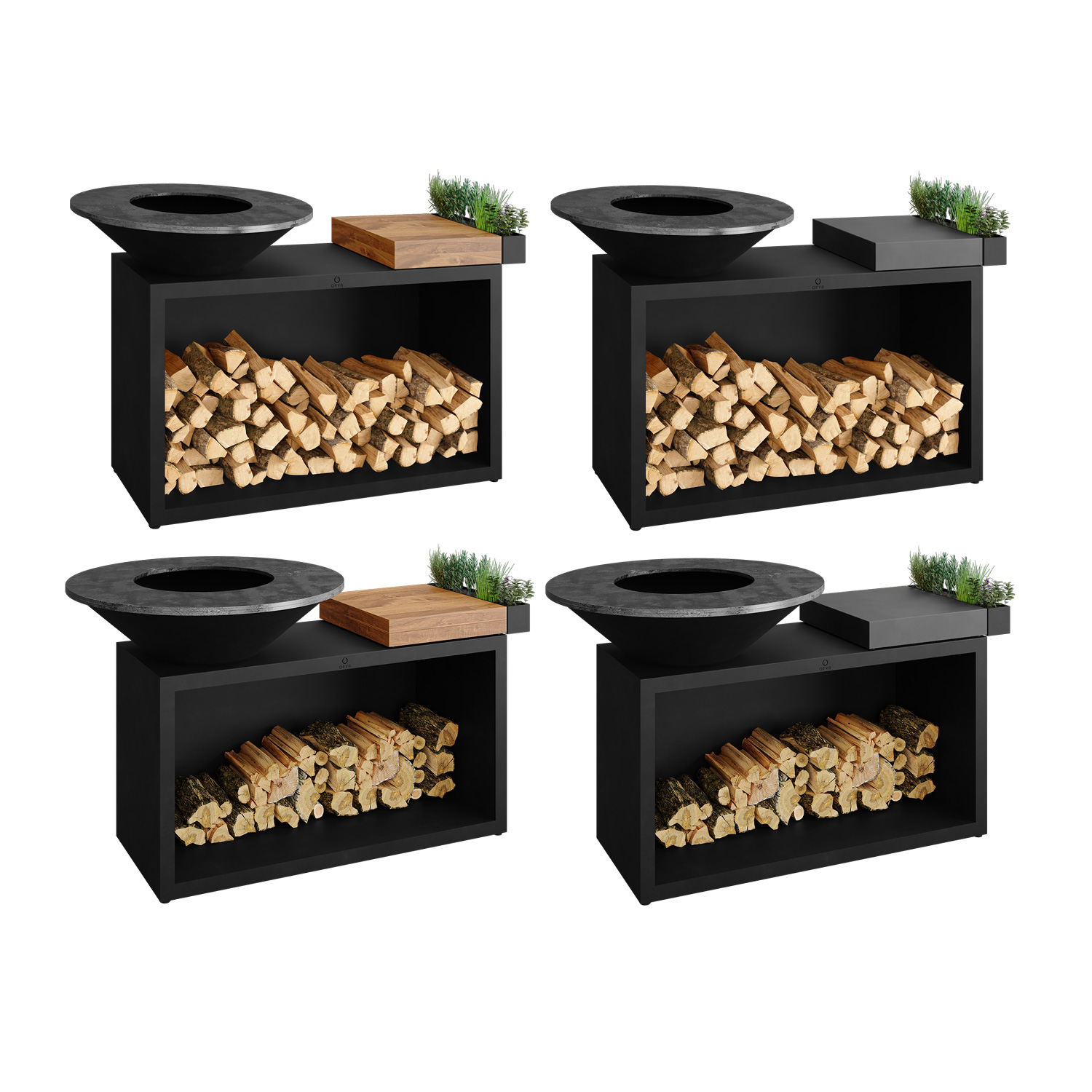 OFYR Island Black 100 Grill & Feuerstelle mit Arbeitsplatte Teakholz