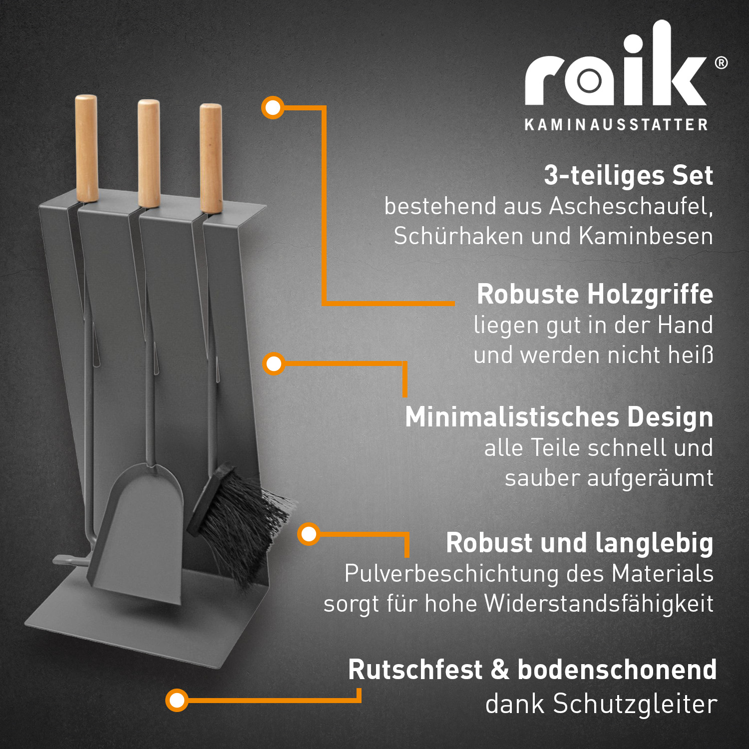 Raik Kaminbesteck Gustav, 3-teilig, Anthrazit, Holzgriffe , 60cm