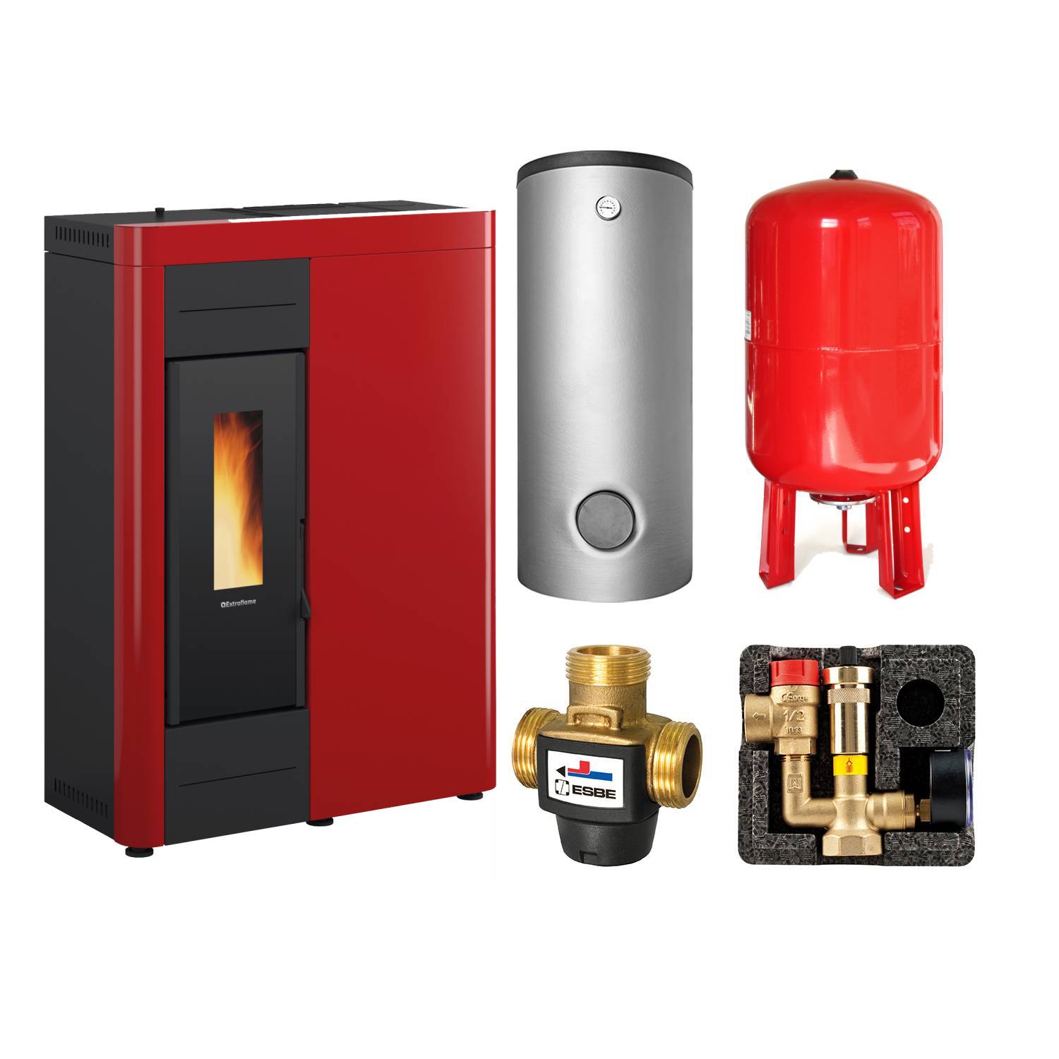 Extraflame VIRNA IDRO.16 wasserführender Pelletofen Stahl Bordeaux - THKE 600 Kombi-Speicher montiert silber 1x WT - Heizungsausdehnungsgefäß 80 L