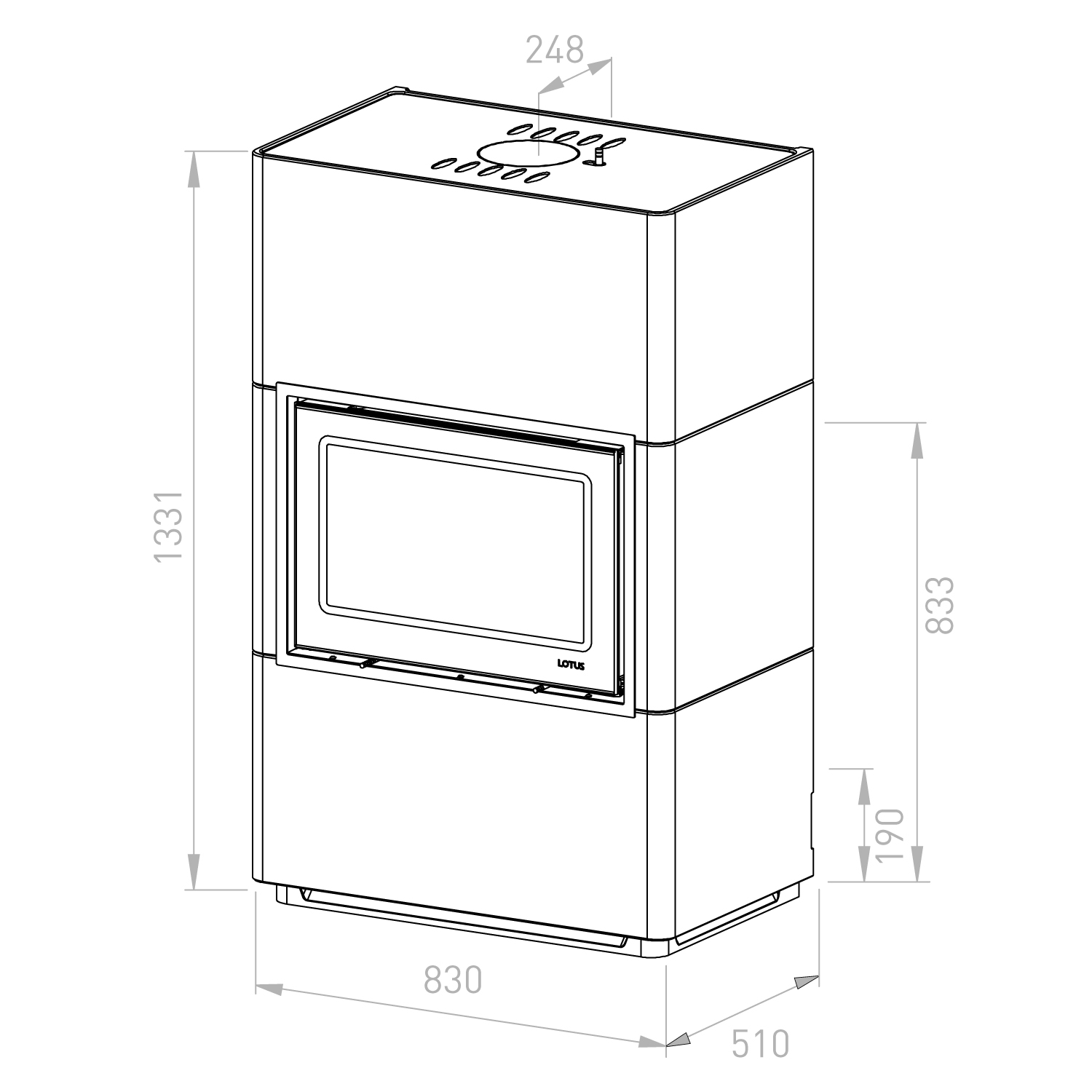 Lotus Beto 470 Kaminofen Magic Tür, Topplatte Grau, RRA hinten + 1 m³ Kaminholz gratis