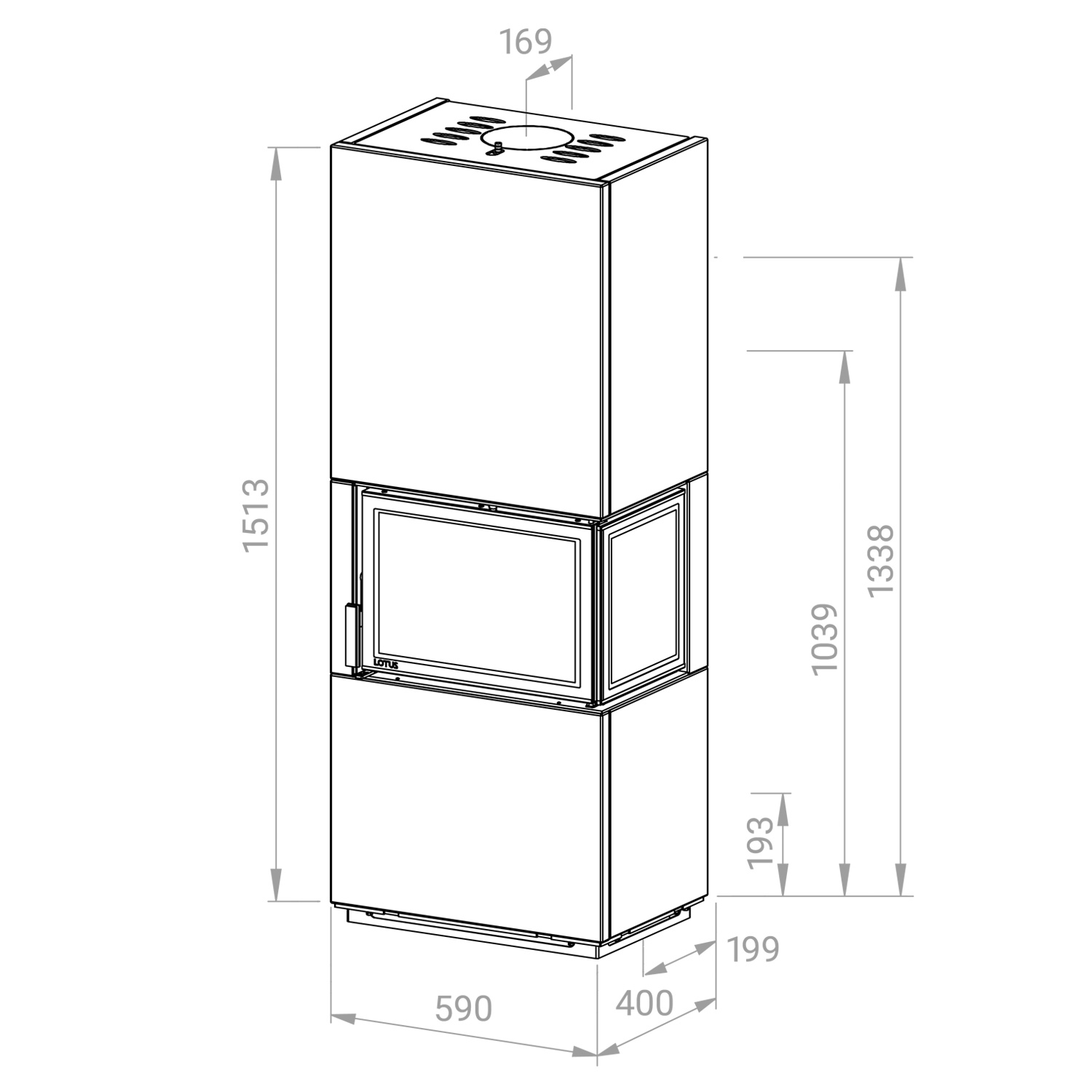 Lotus Visto R Kaminofen Speckstein, Seitenglas rechts, Rauchabgang oben