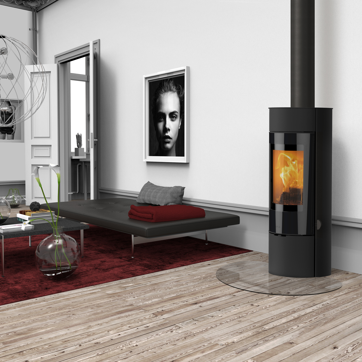 Lotus Prestige Magic 40 Kaminofen Schwarz, Rauchabgang oben + 1 m³ Kaminholz gratis