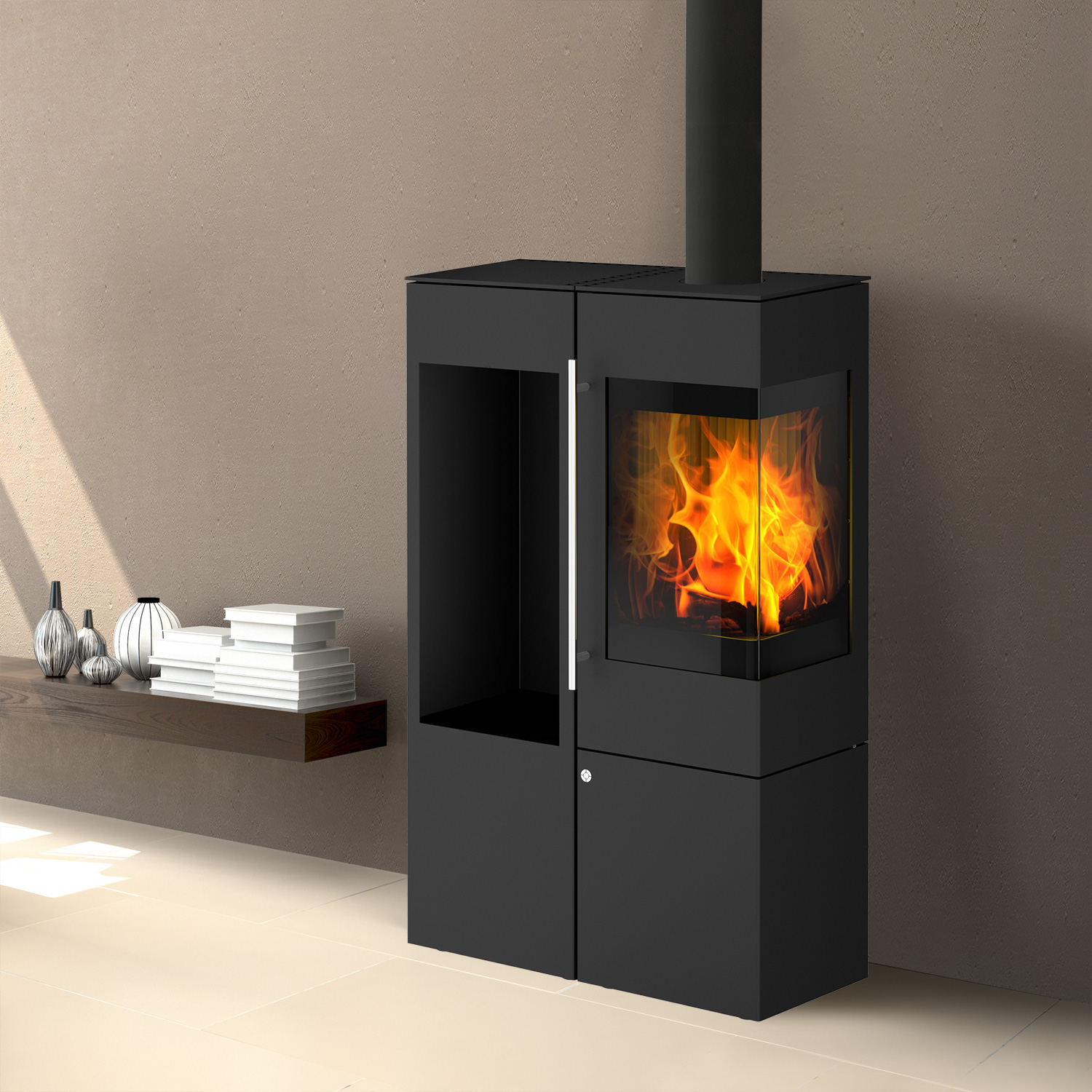 Olsberg Ipala Smart Compact Kaminofen Stahl schwarz, Türanschlag rechts, Stahltür mit Holzregal links
