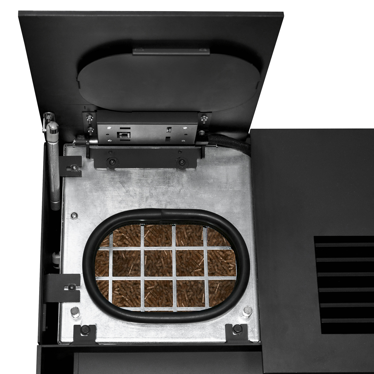 Oranier Boreas II Pelletofen Stahl Schwarz / Sintered Stone Schiefer, Rauchrohr hinten Oranier Boreas II Pelletofen Stahl Schwarz / Sintered Stone Schiefer, Rauchrohr hinten