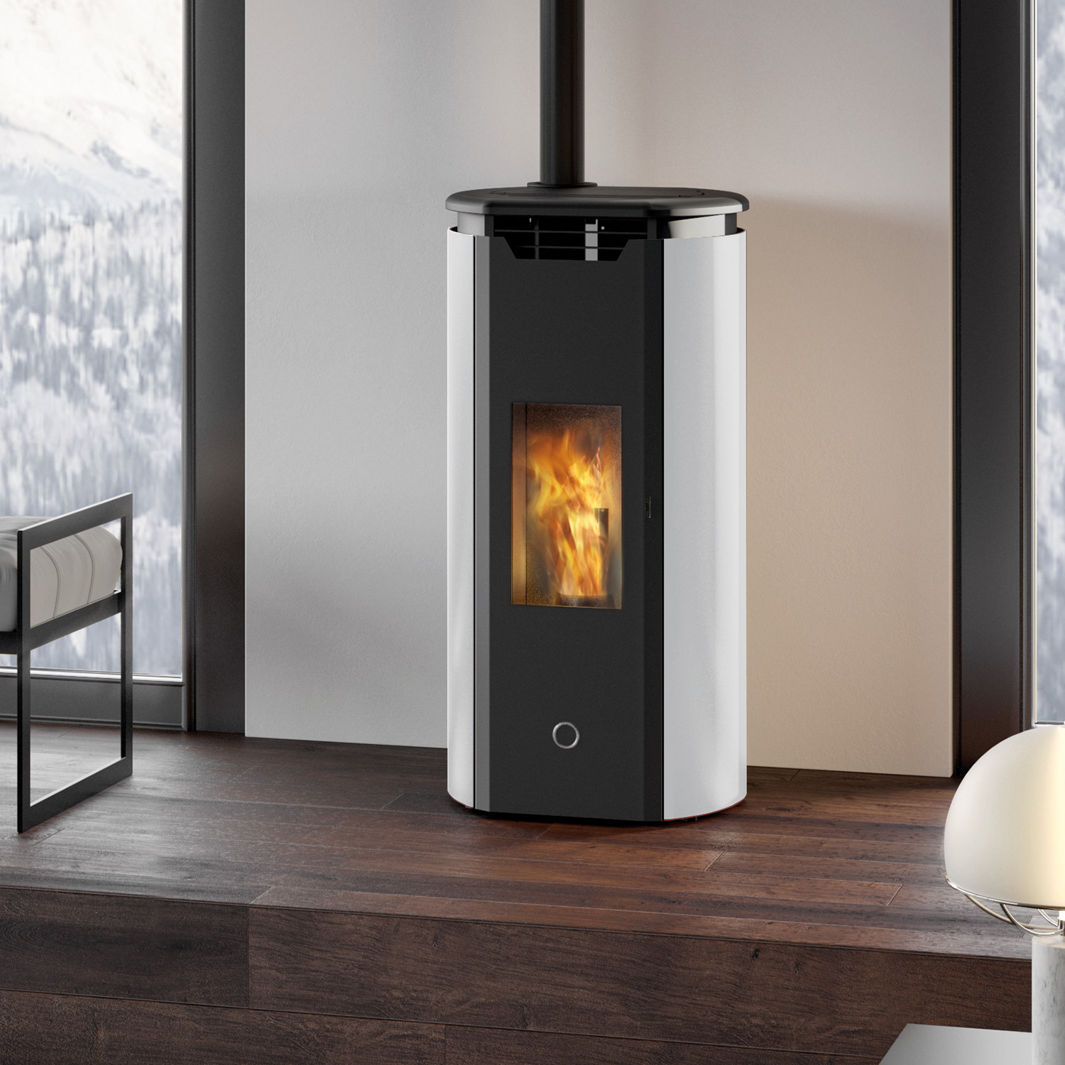 EK63 Tweed90+ EVO Pelletofen RR oben Stahl perlweiß