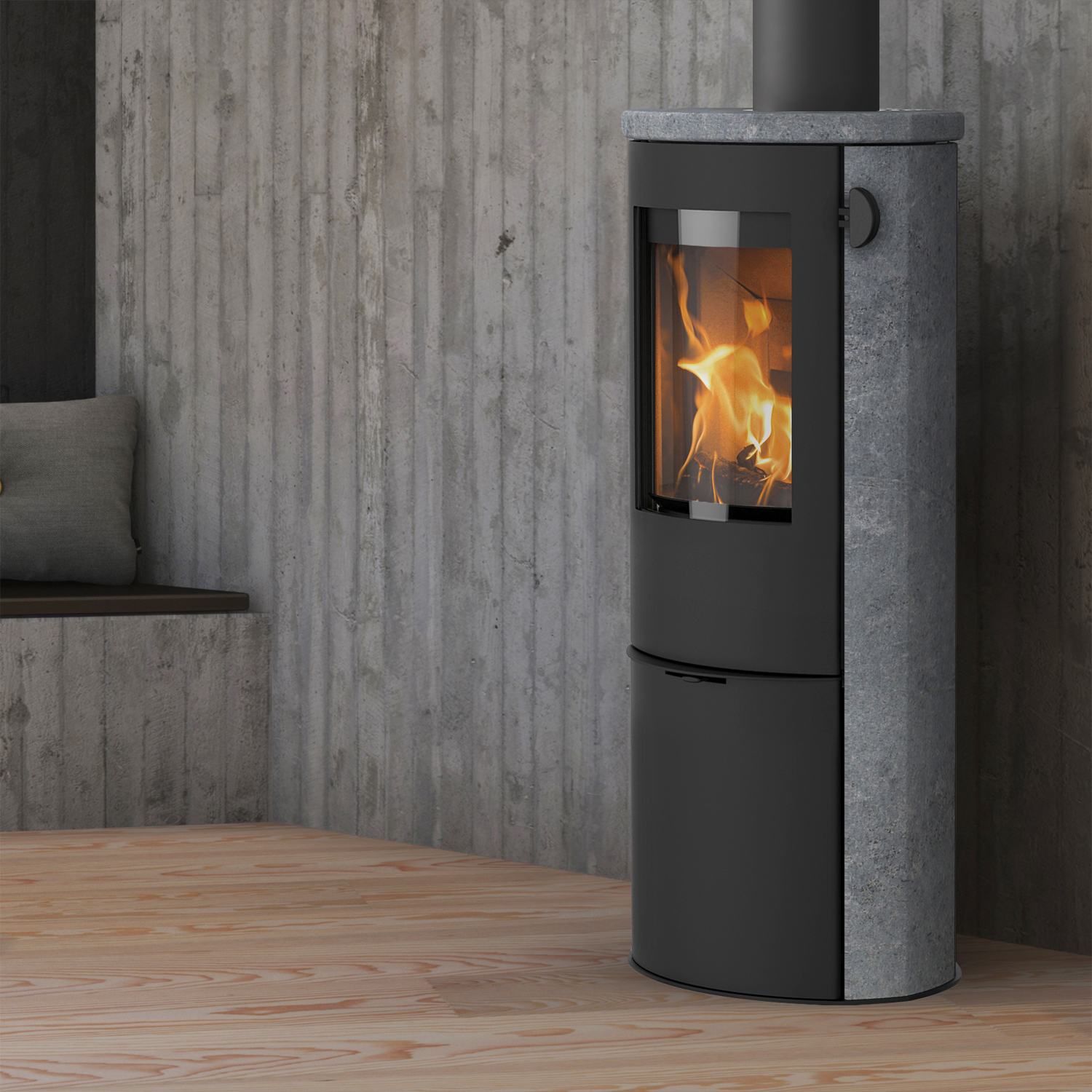 Lotus Liva 6S RLU Kaminofen Speckstein, Tür Schwarz, Rauchabgang oben