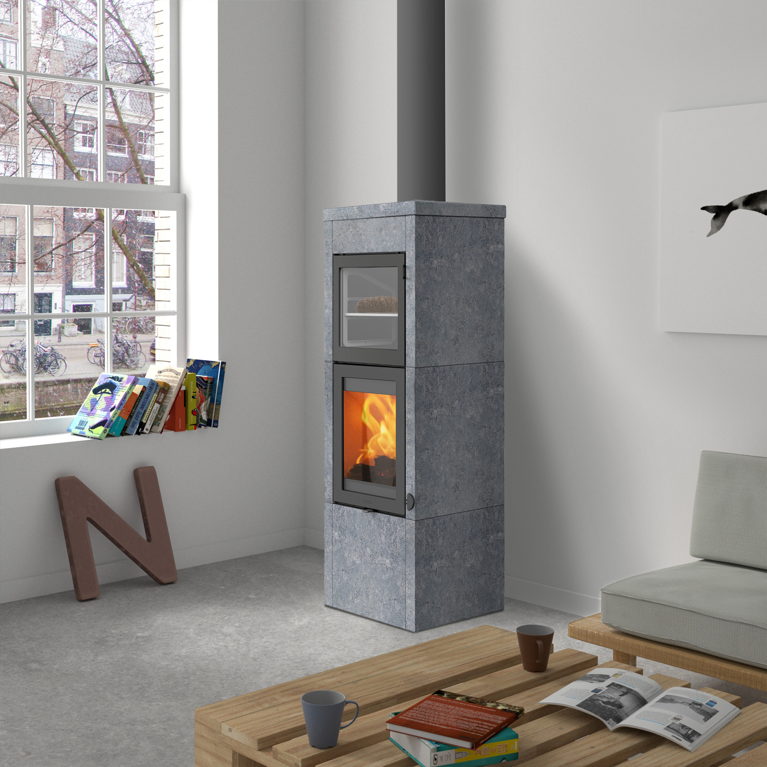 Lotus QM40 Kaminofen Speckstein / Tür Grau mit Backfach, Rauchabgang oben