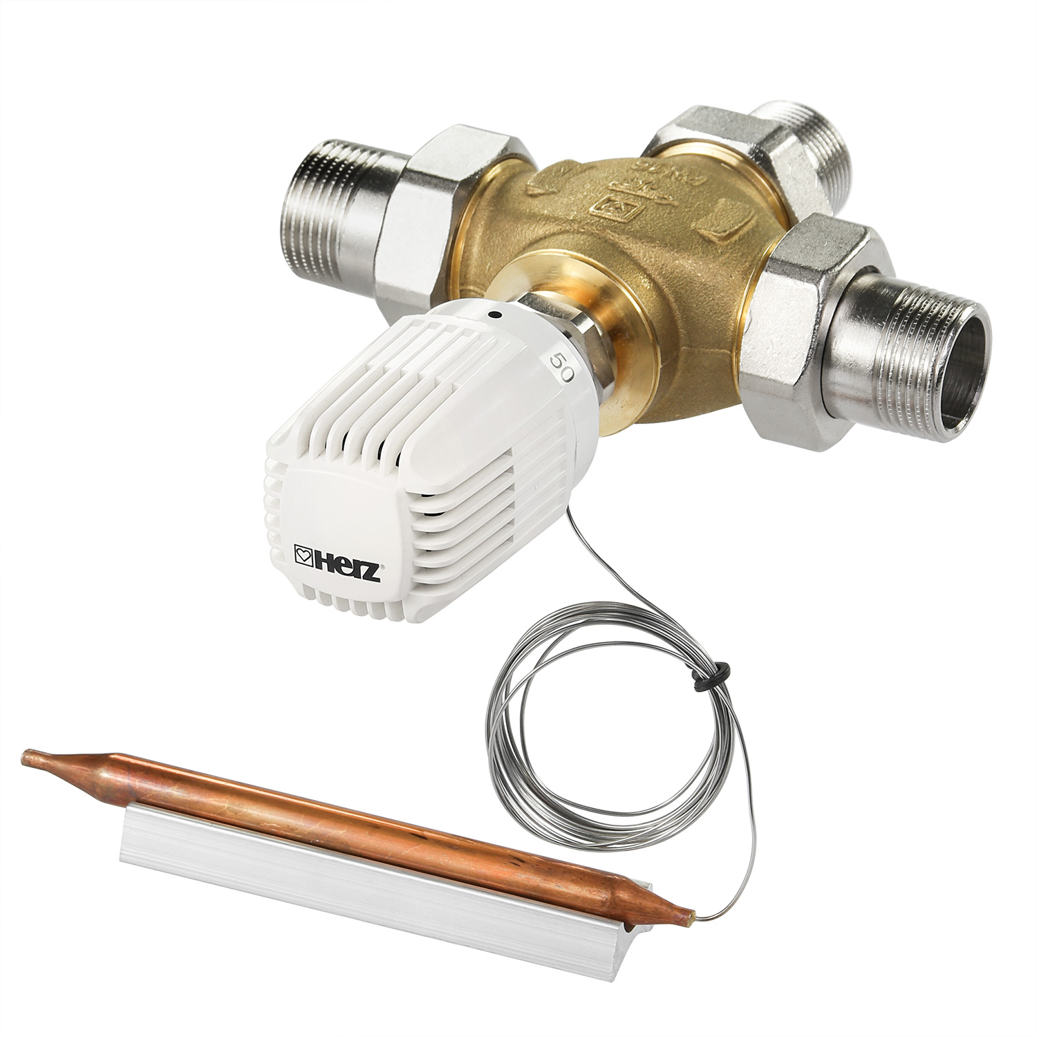 ATMOS 3-Wege-Verteilventil DN25 mit 3 Verschraubungen + Thermostatkopf 20-50 °C ATMOS 3-Wege-Verteilventil DN25 mit 3 Verschraubungen + Thermostatkopf 20-50 °C