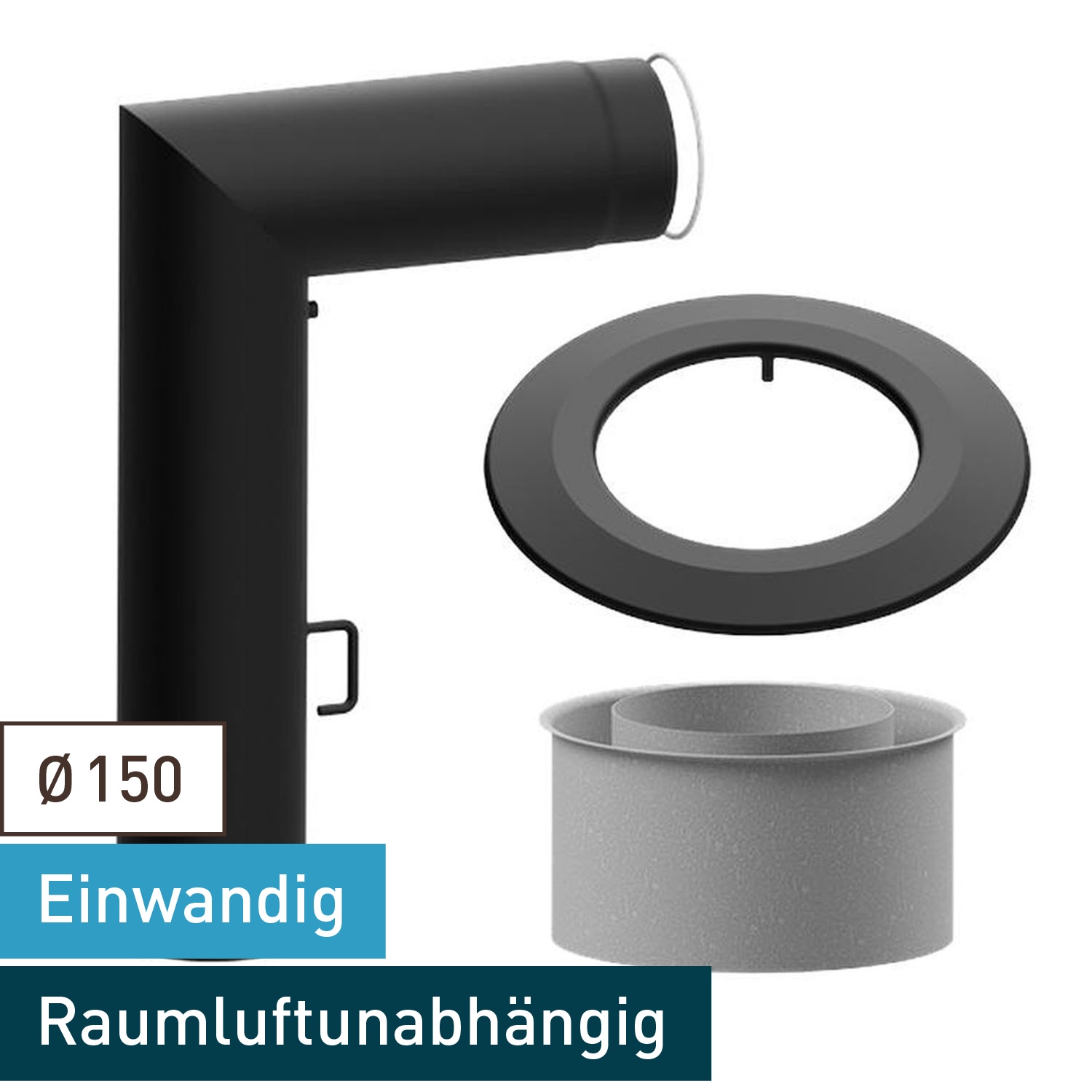Raik WBG Set Lifestyle Durchmesser 150/90° 2,00mm 2-tlg 700/500 mit eingelegter Tür, mit DKL mit Dichtung schwarz für Rauchrohr/ Ofenrohr