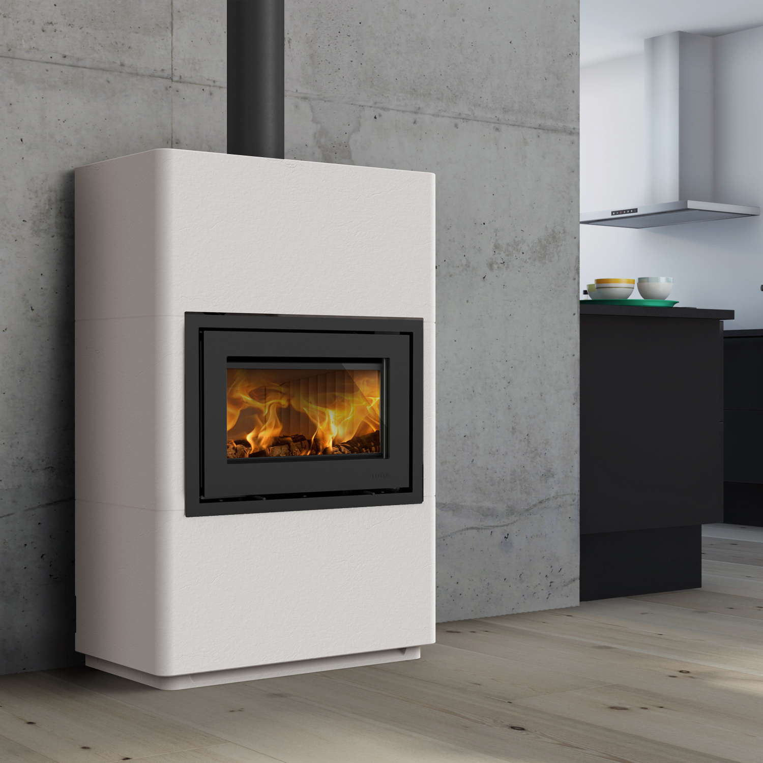 Lotus Beto 470 Kaminofen Tür Grau, RR oben, Stahltopplatte grau, Griff Classic H