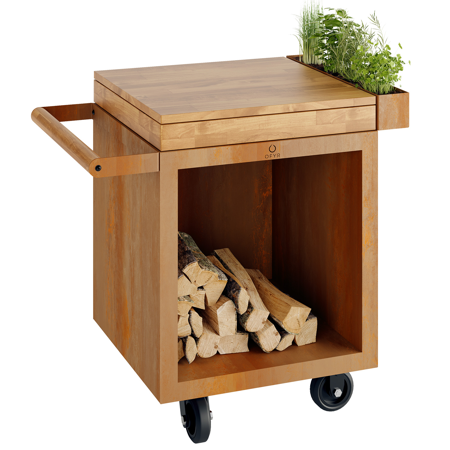 OFYR Sockel Corten 65 PRO mit Arbeitsplatte Teakholz OFYR Sockel Corten 65 PRO mit Arbeitsplatte Teakholz