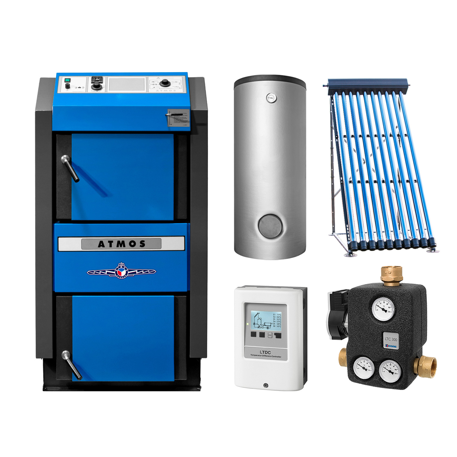 ATMOS DC30 GSE Set + Solarthermie-Set 2 (11 m²) + Pufferspeicher 1000 L + Hygienespeicher 900 L + SWT