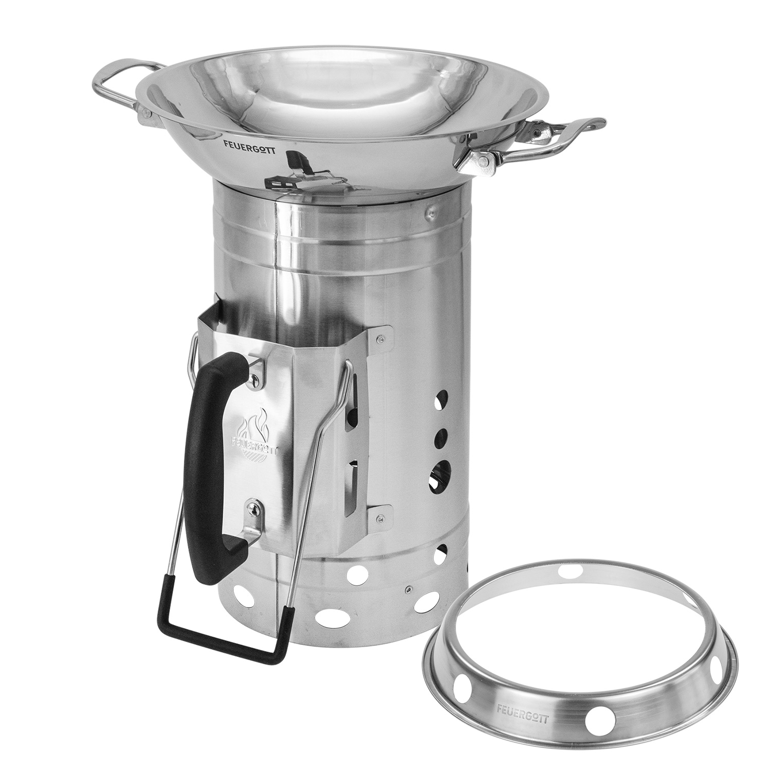 Feuergott Wok Set Edelstahl mit Wokring und Anzündkamin