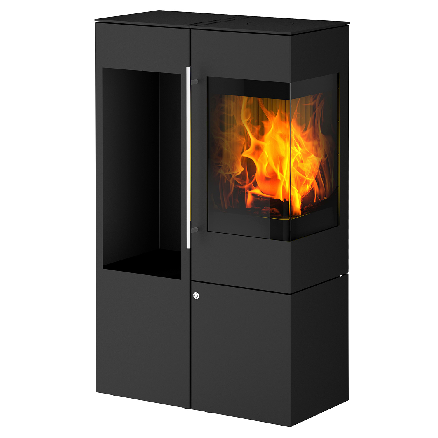 Olsberg Ipala Smart Compact Kaminofen Stahl schwarz, Türanschlag rechts, Stahltür mit Holzregal links
