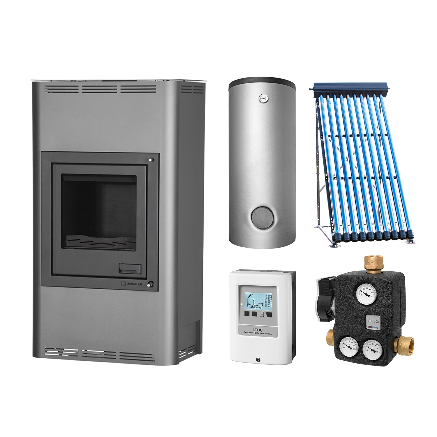 Aquaflam 17 Basic Grey Set + Solarthermie-Set 2 (11 m²) + Kombispeicher THKE 825 + SWT