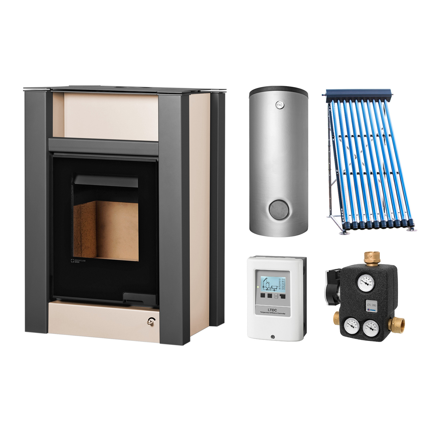 Aquaflam Vario Lend Basic Creme Set + Solarthermie-Set 2 (11 m²) + Kombispeicher THKE 600 + SWT