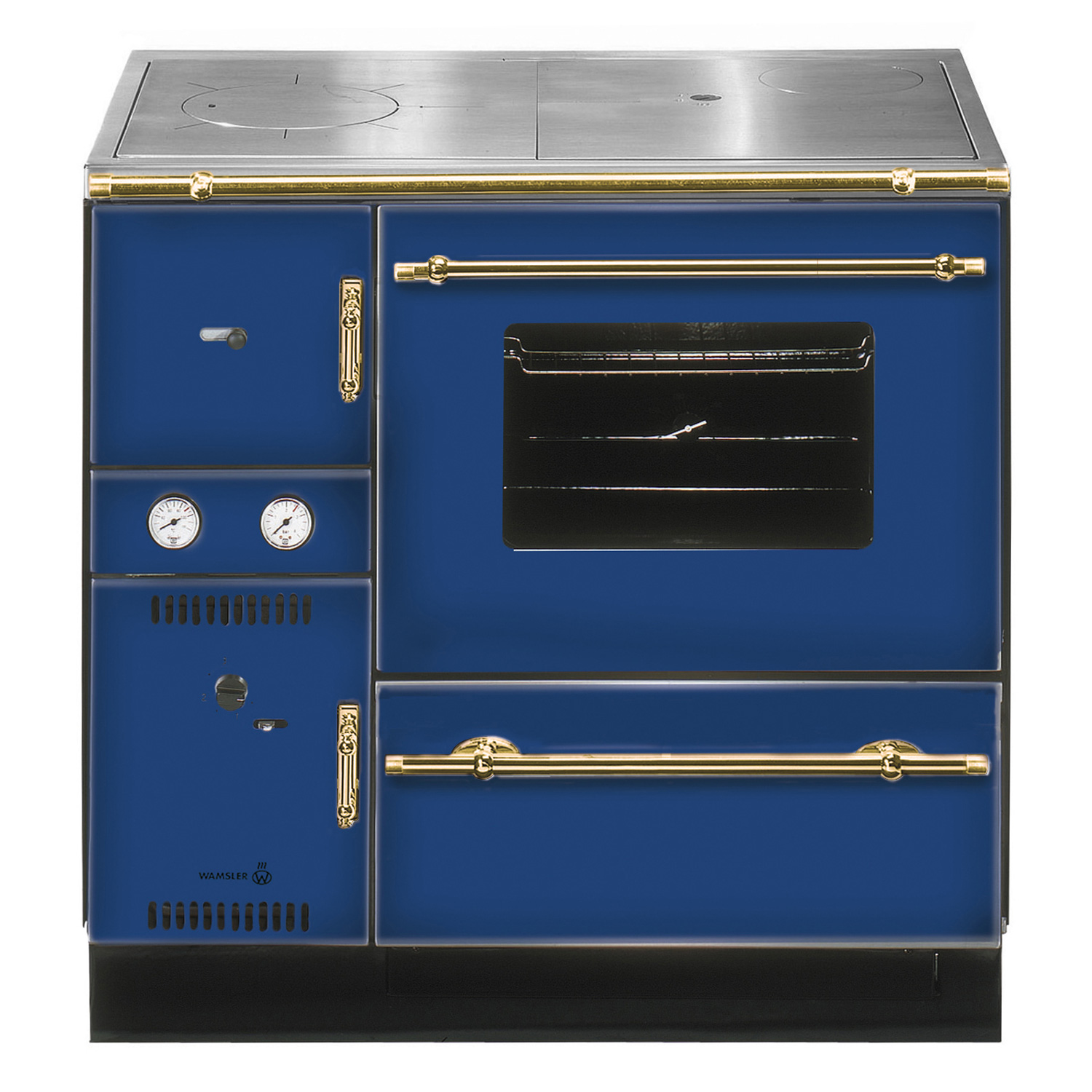 Wamsler K 148 CL Küchenofen wasserführend Blau / Gold, Rauchrohr rechts Wamsler K 148 CL Küchenofen wasserführend Blau / Gold, Rauchrohr rechts