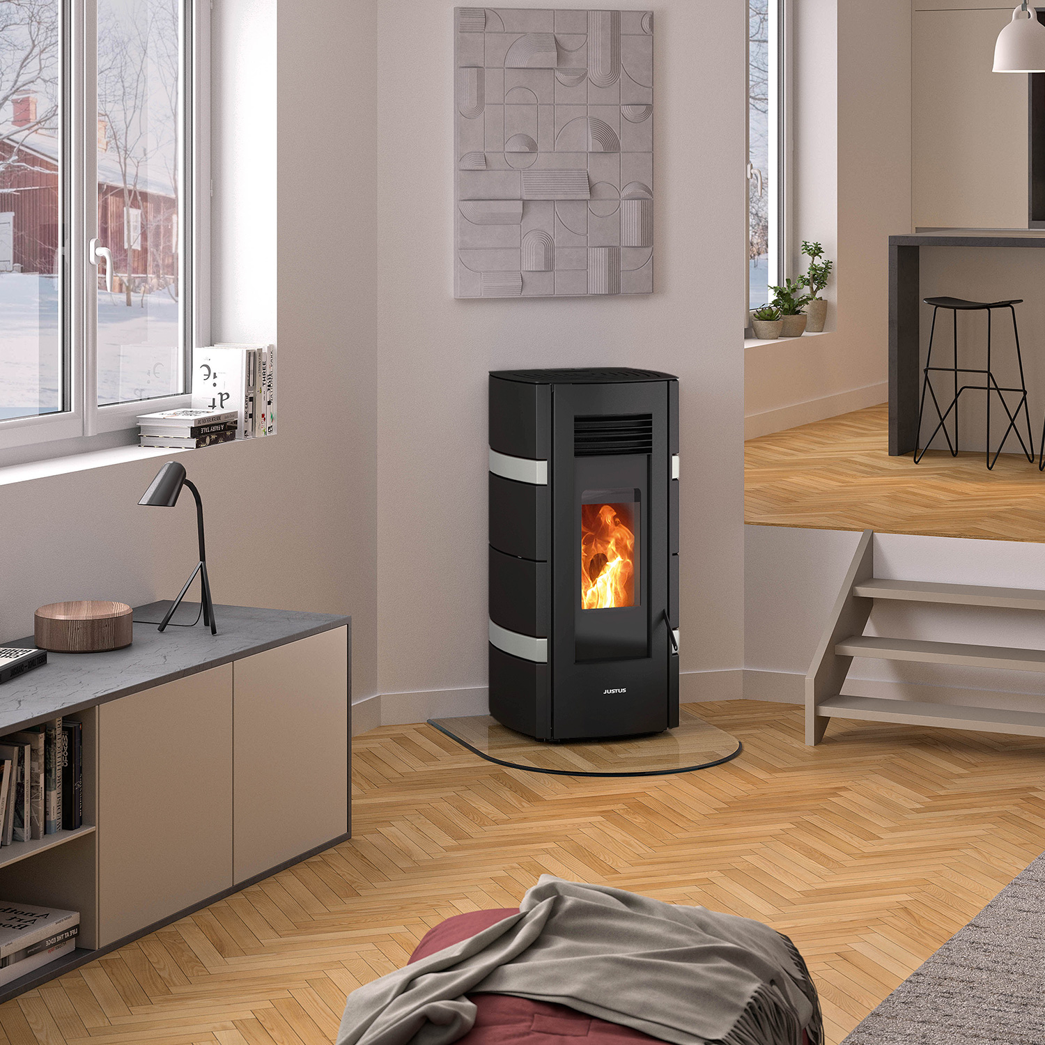 Justus Sia Pelletofen Stahl Schwarz / conStone Betongrau