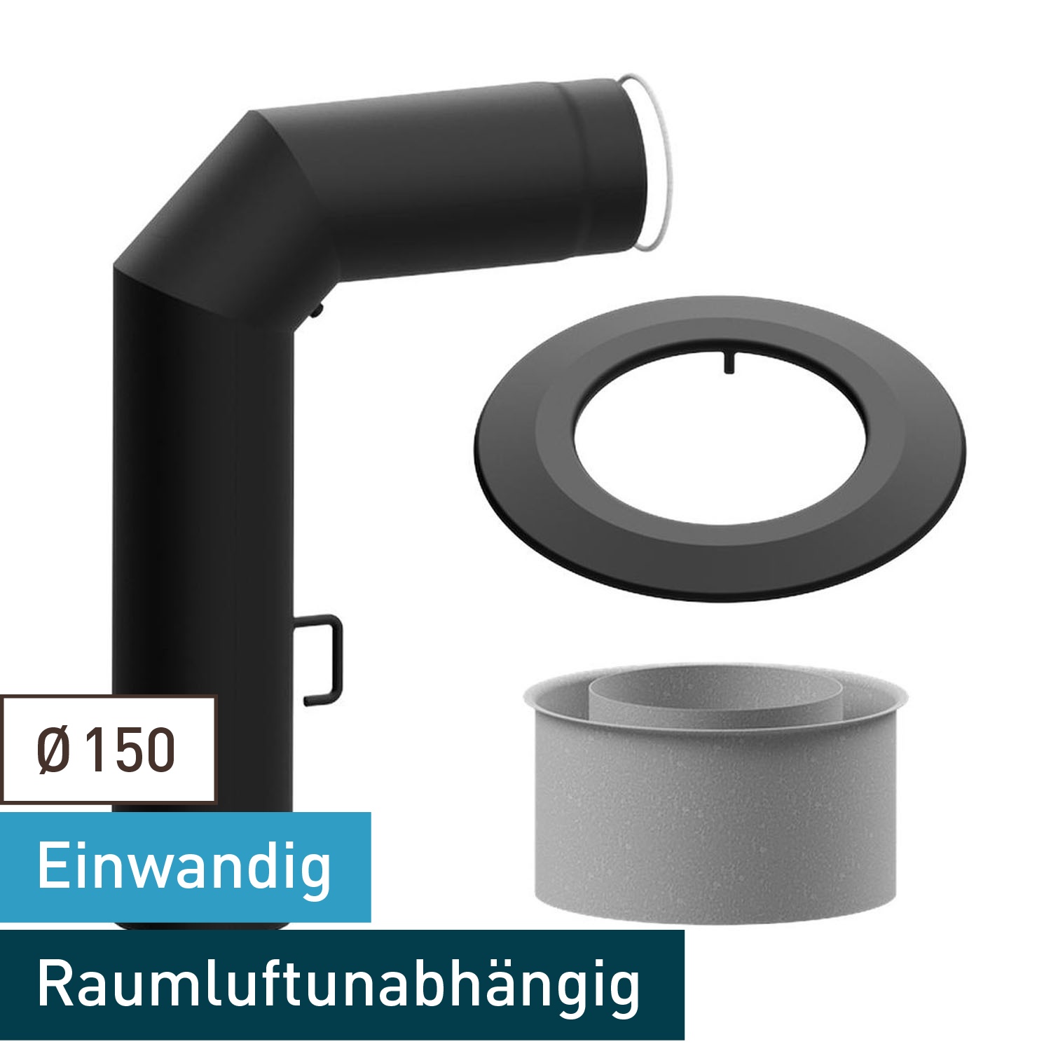 Raik WBG Set Lifestyle Durchmesser 150/90° 2,00mm 3-tlg 700/450 mit eingelegter Tür, mit DKL mit Dichtung schwarz für Rauchrohr/ Ofenrohr