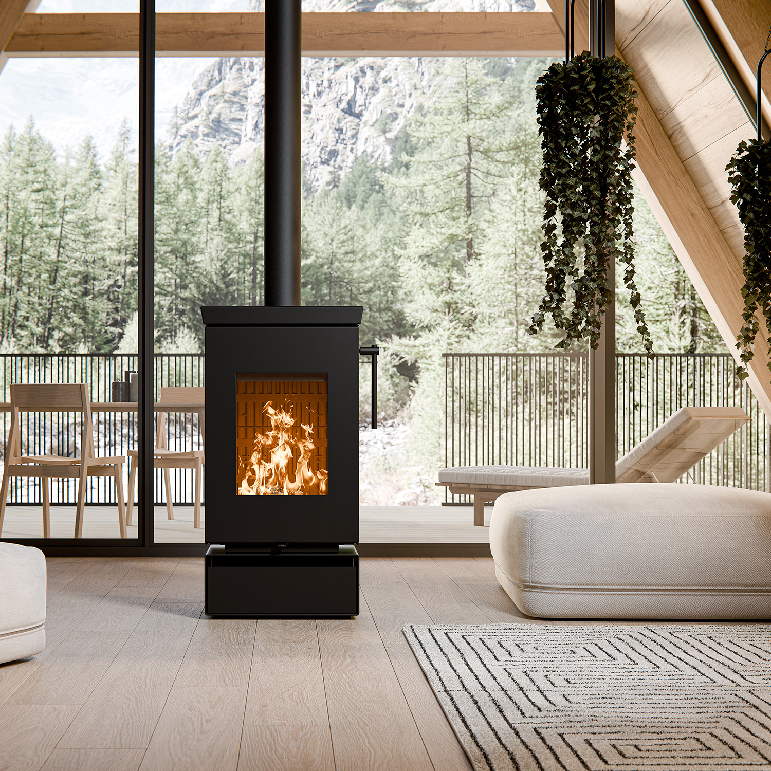 Thermorossi Zen W Kaminofen Stahl Schwarz mit Holzfach, Auslaufmodell