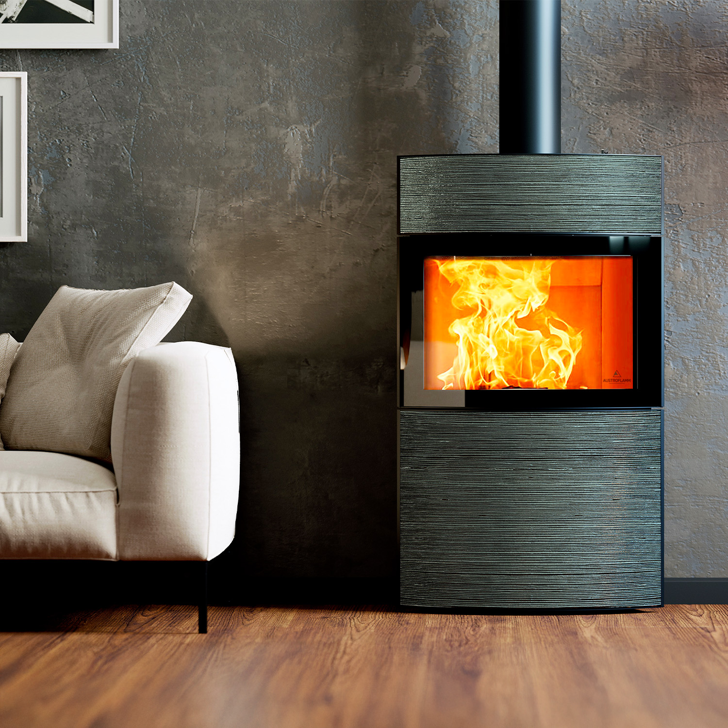 Austroflamm Fynn Xtra 2.0 Kaminofen Stahl Schwarz / Keramik Turmalin Rille Glänzend