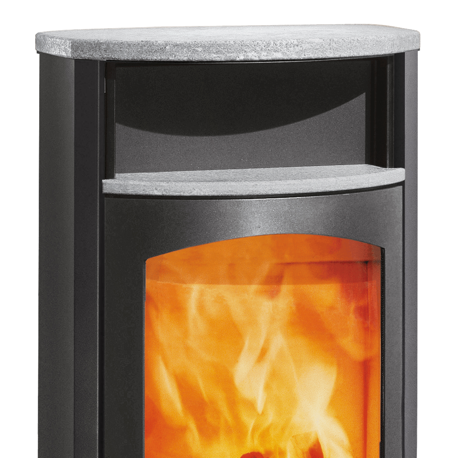 Austroflamm Koko 2.0 Kaminofen Stahl Gussgrau, Warmhaltefach Speckstein, Topplatte Speckstein, RRA hinten